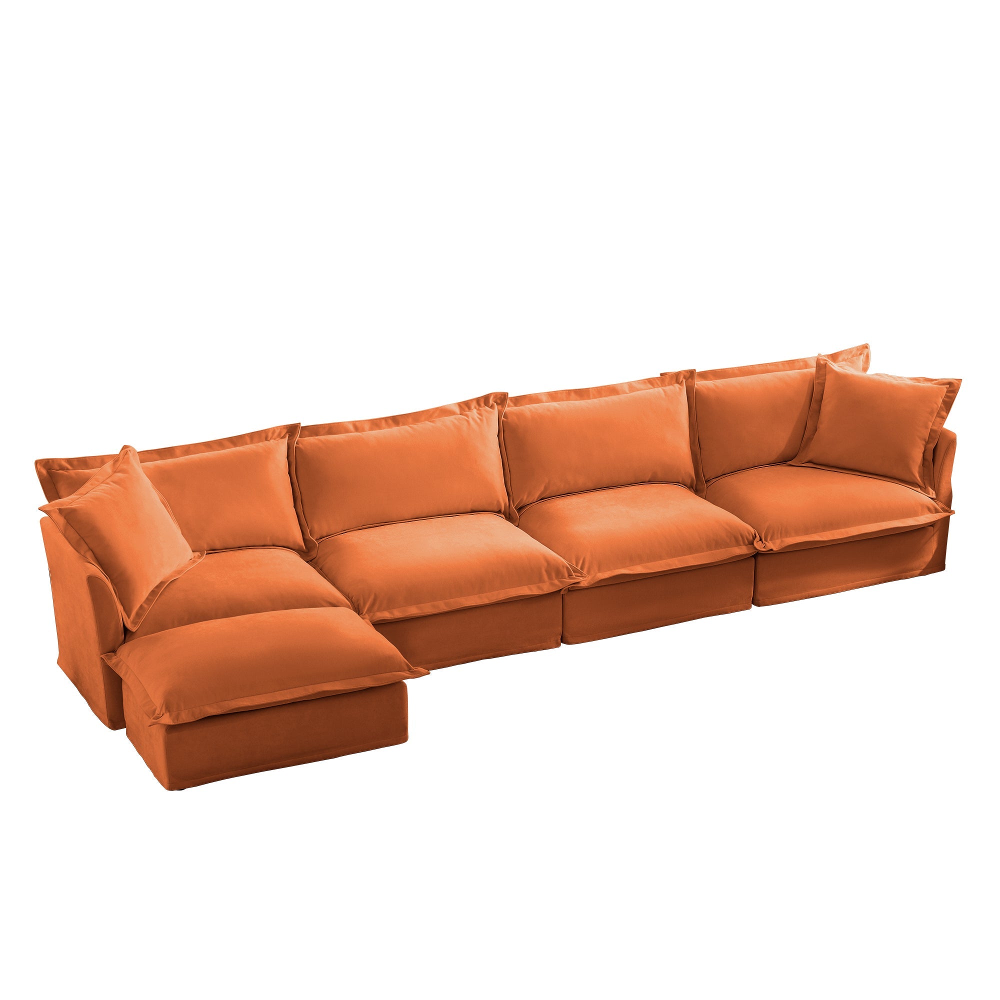 Slipcovered L Shape Sectional Long Sofa Couch, 4 Seater Sofa with Suppleness Armrests, Chenille Deep Seat Sofa with 2 Big Pillows, Comfy Couch for Living Room, Apartment, Chenille Fabric, Orange