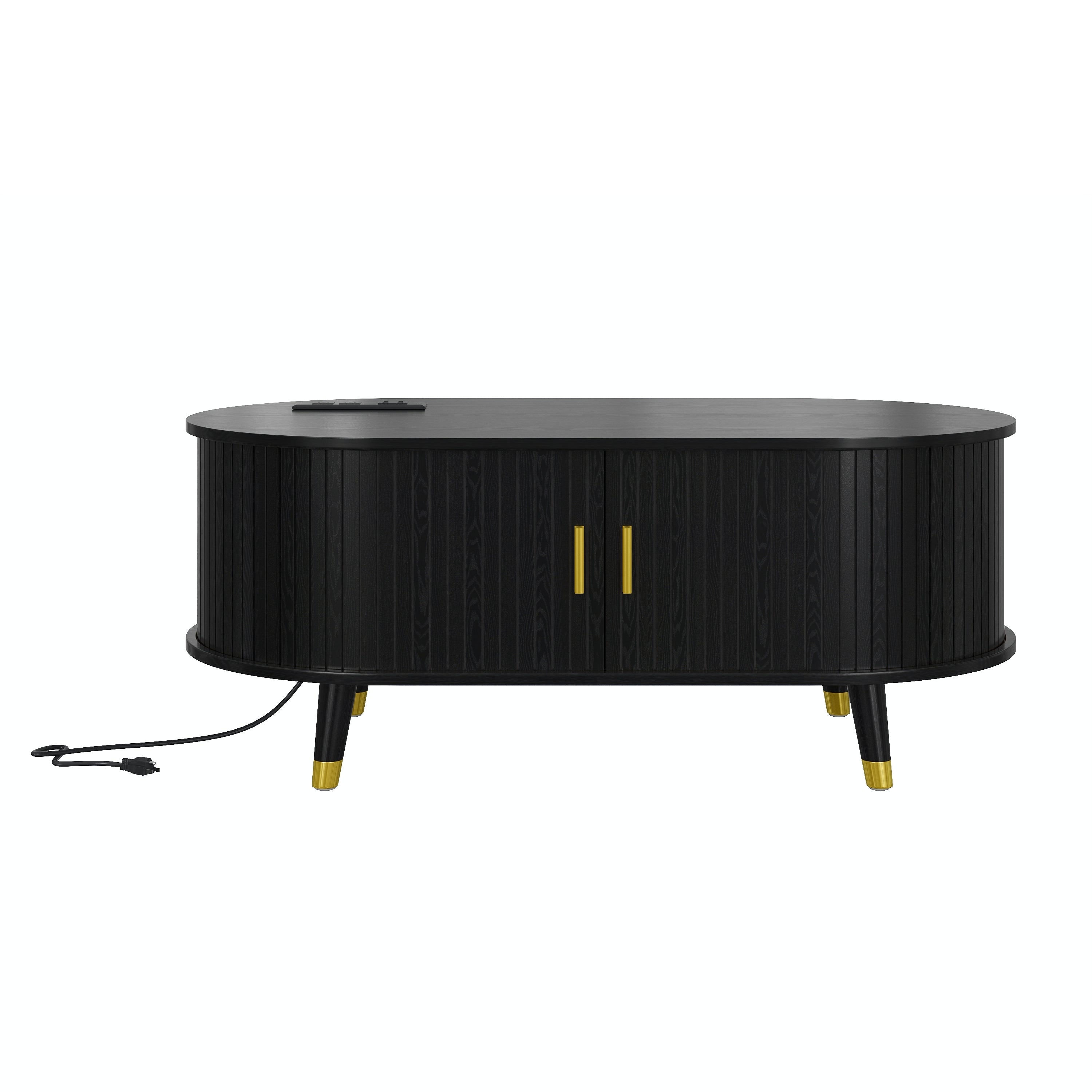 Wooden Farmhouse TV Stand & Coffee Table Set with Charging Station, Oval Fluted Media Console with Sliding Doors for TVs up to 80', Mid-Century Center Table with Solid Wood Legs for Living Room,Black