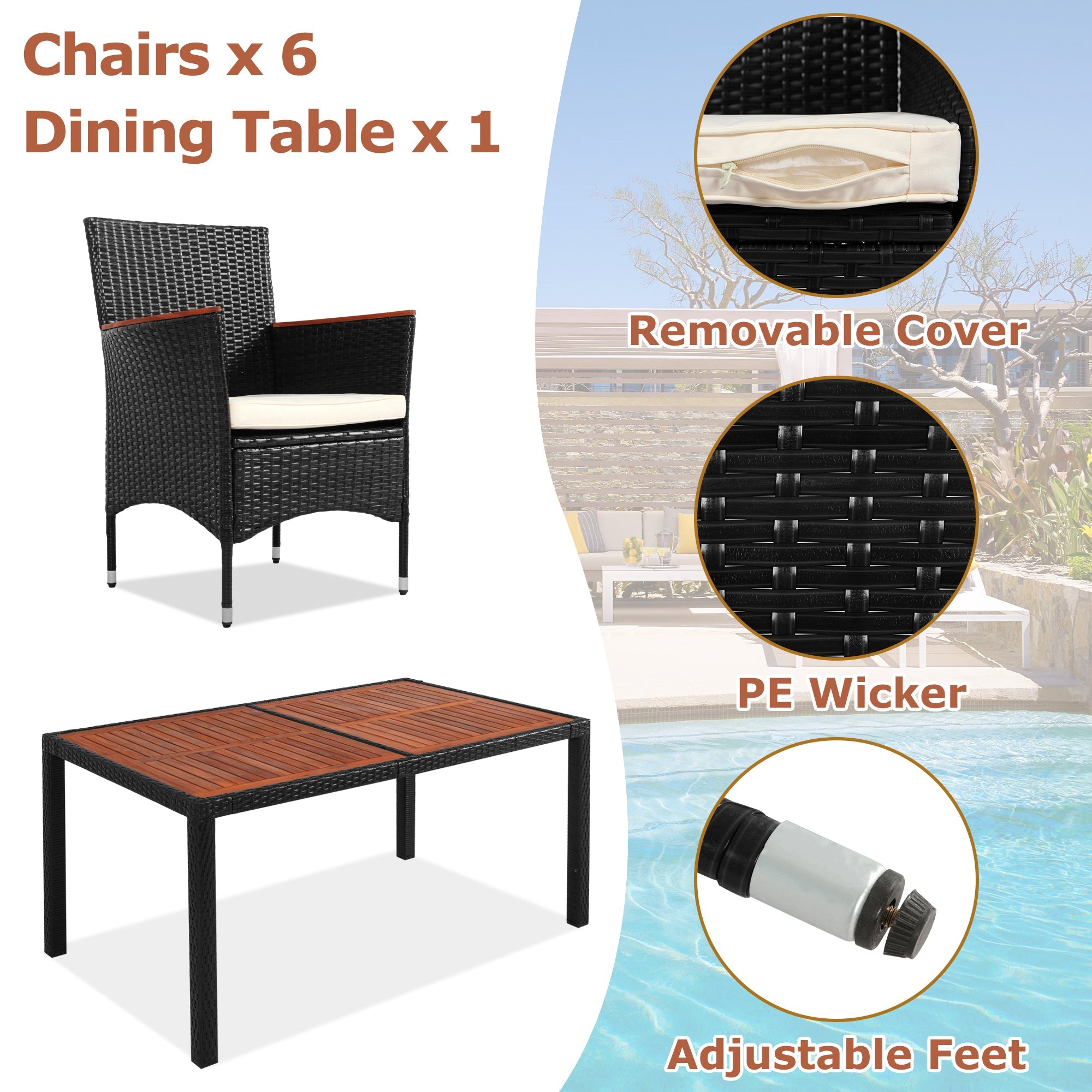 7-Piece Outdoor Patio Dining Set, Garden PE Rattan Wicker Dining Table and Chairs Set, Acacia Wood Tabletop, Stackable Armrest Chairs with Cushions, Reddish-brown