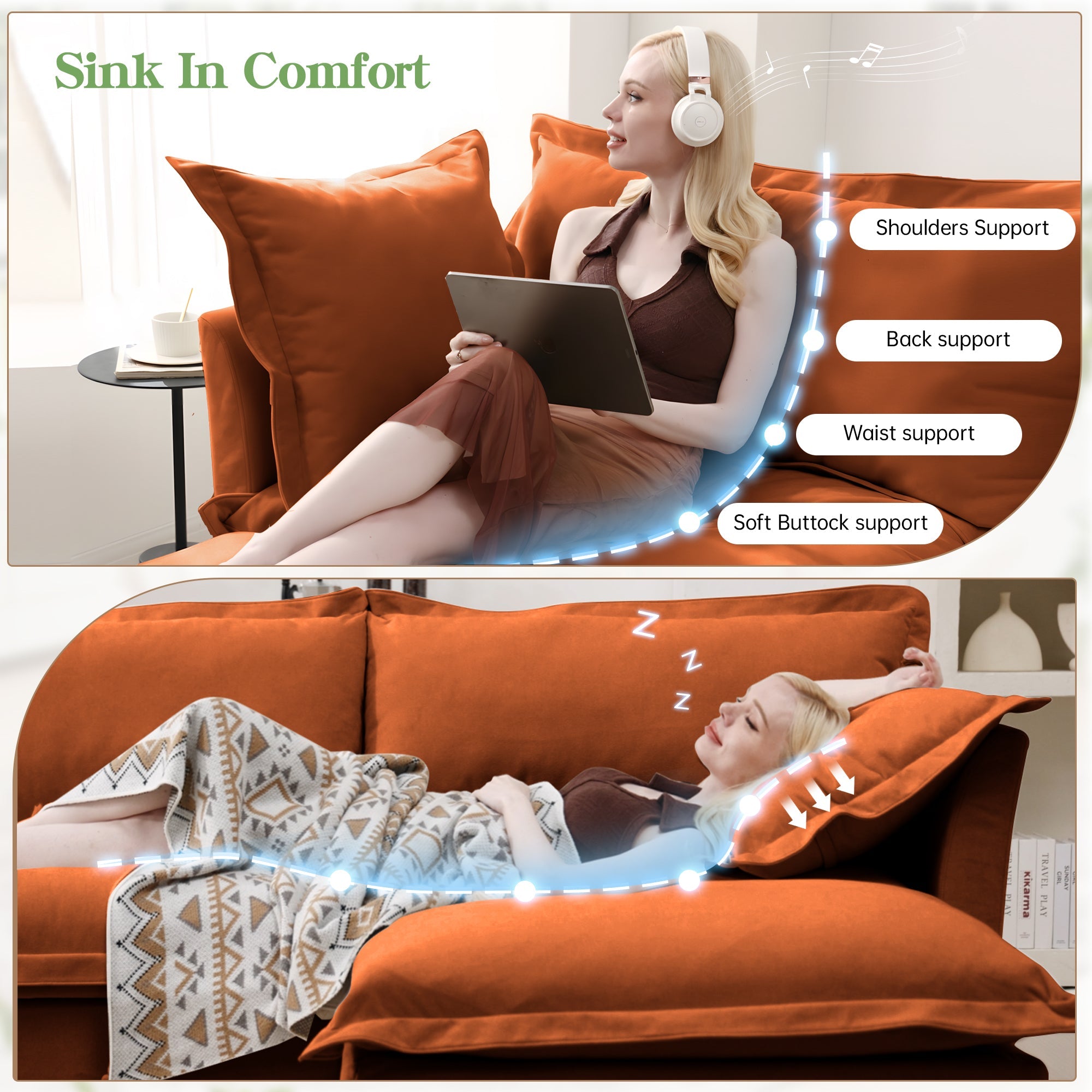 Living Room Sofa Slipcovered Sofa 3 Seater Sofa With 3 Ottomans, Oversized 3-Seat Sleeper Sofa Bed Home Theater Sofa, Chenille, orange
