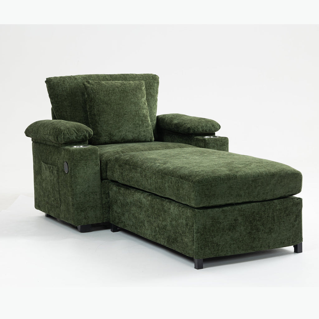 Modern Oversized Chair with Ottoman,Chenille Fabric Sofa Bed,Accent Chair Comfy Sofa with Cupholders and USB Charging Ports Chair for Living Room,Bedroom,Apartment