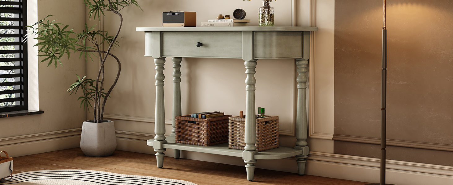 TREXM Narrow Console Table with Curved Corner, Retro Entryway Table with Top Drawer and Open Shelf, Sofa Table Console Tables for Entryway, Hallway and Living Room (Gray)