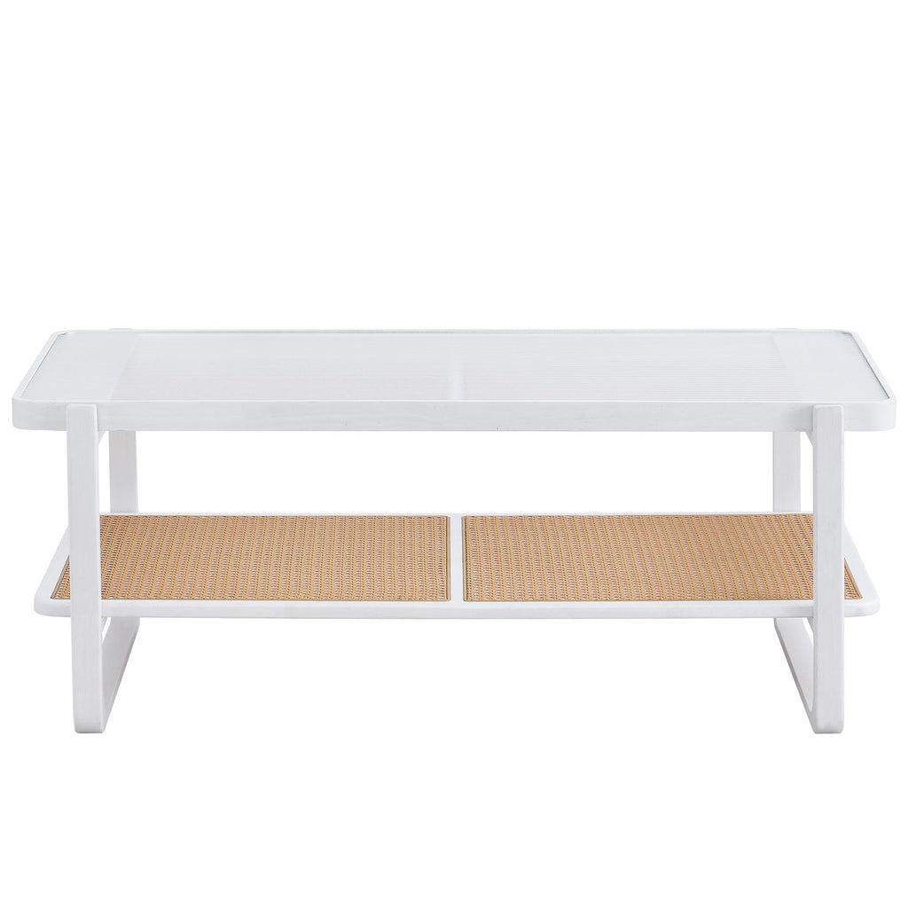 Modern minimalist white double layered solid wood coffee table. Glass tabletop, imitation rattan  edge table. Rectangular table suitable for living room, dining room, and bedroom