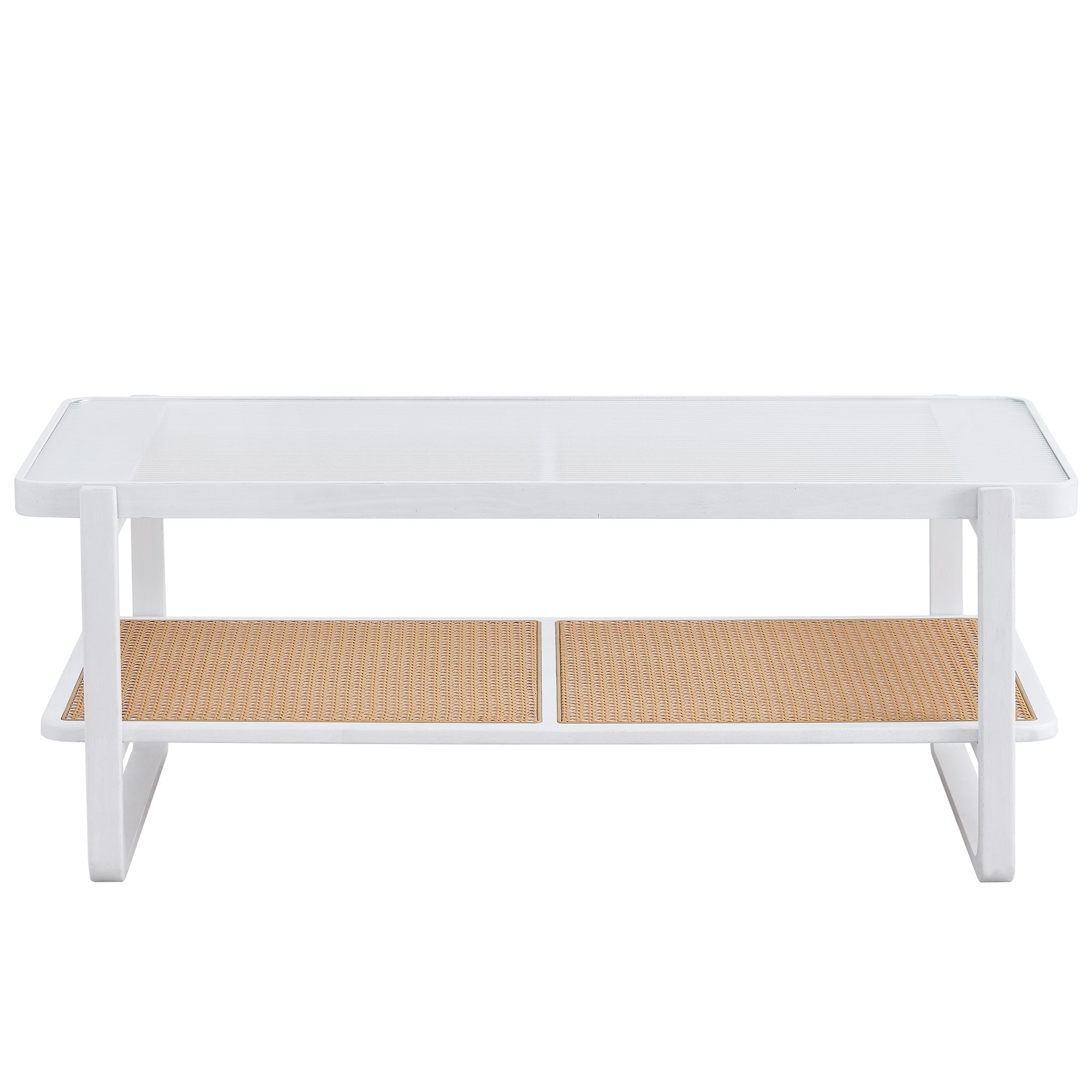 Modern minimalist white double layered solid wood coffee table. Glass tabletop, imitation rattan  edge table. Rectangular table suitable for living room, dining room, and bedroom