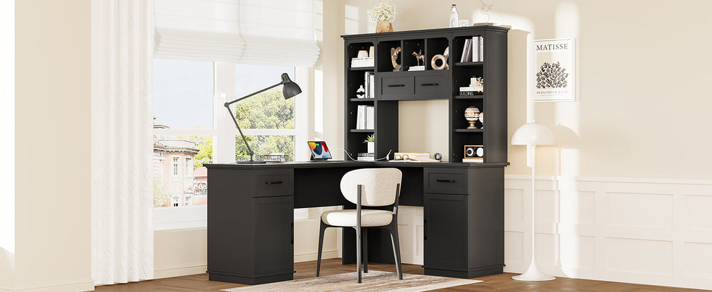 L-shaped computer desk with 2 cabinets and 2 drawers underneath the table, 11 open shelves and a flip-up shelf with storage on the right side, suitable for study, living room and office, Black