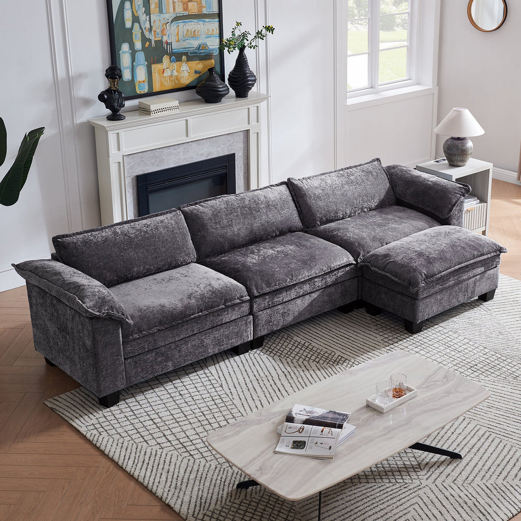 Comfy Modular Sectional Couch with Ottoman, 120' L Shaped 3 Deep Seat Fluffy Cloud Sofa, Modern Sleeper Sofas Soft Couches Set for Living Room, Apartment, Office, Studio, Chenille, Black
