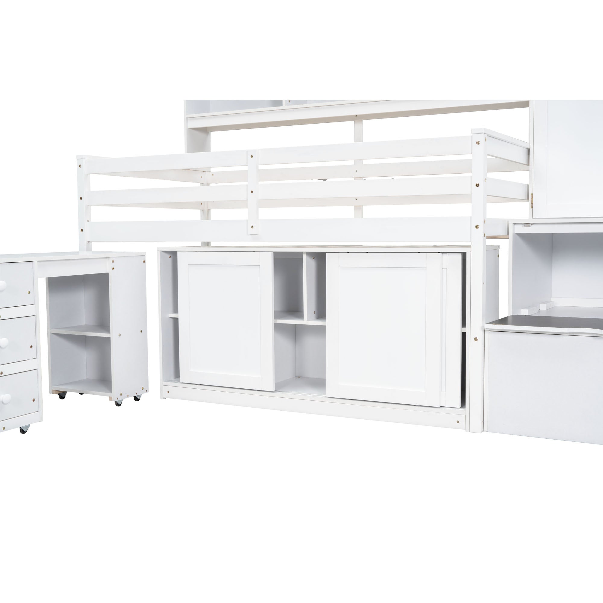 Twin Size Wooden Loft Bed Big Storage with Under-bed Desk, with Drawers, with Shelves, White