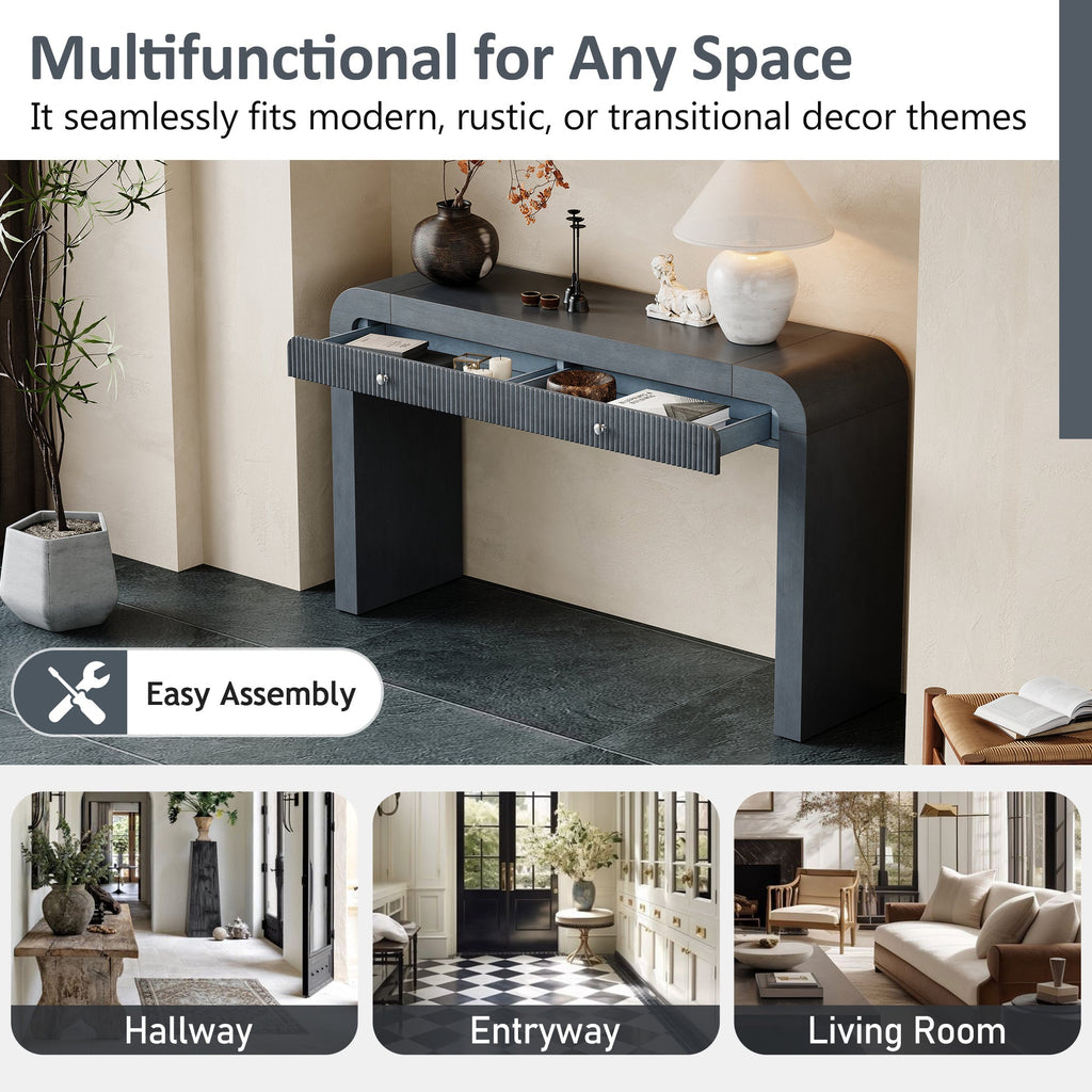 TREXM Rustic Console Table with Fluted Drawer Front, Entryway Table with Curved Corners & Thick Legs, Sturdy Sofa Table for Hallway & Living Room (Dark Navy)