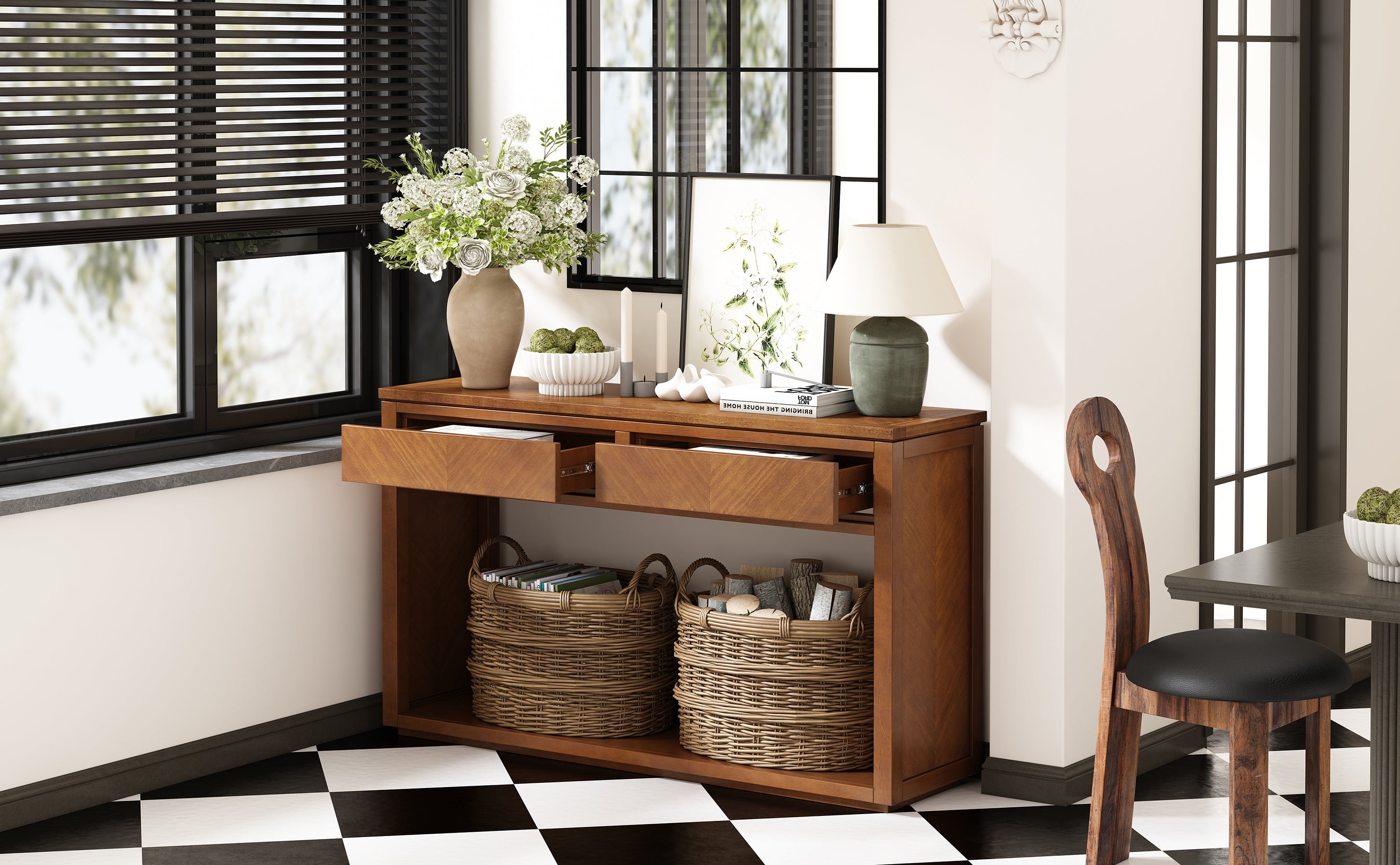TREXM 55' Console Table, Rustic Wooden Entryway Table with Storage Drawers and Open Shelf, Elegant Sofa Table for Hallway and Living Room (Honey)