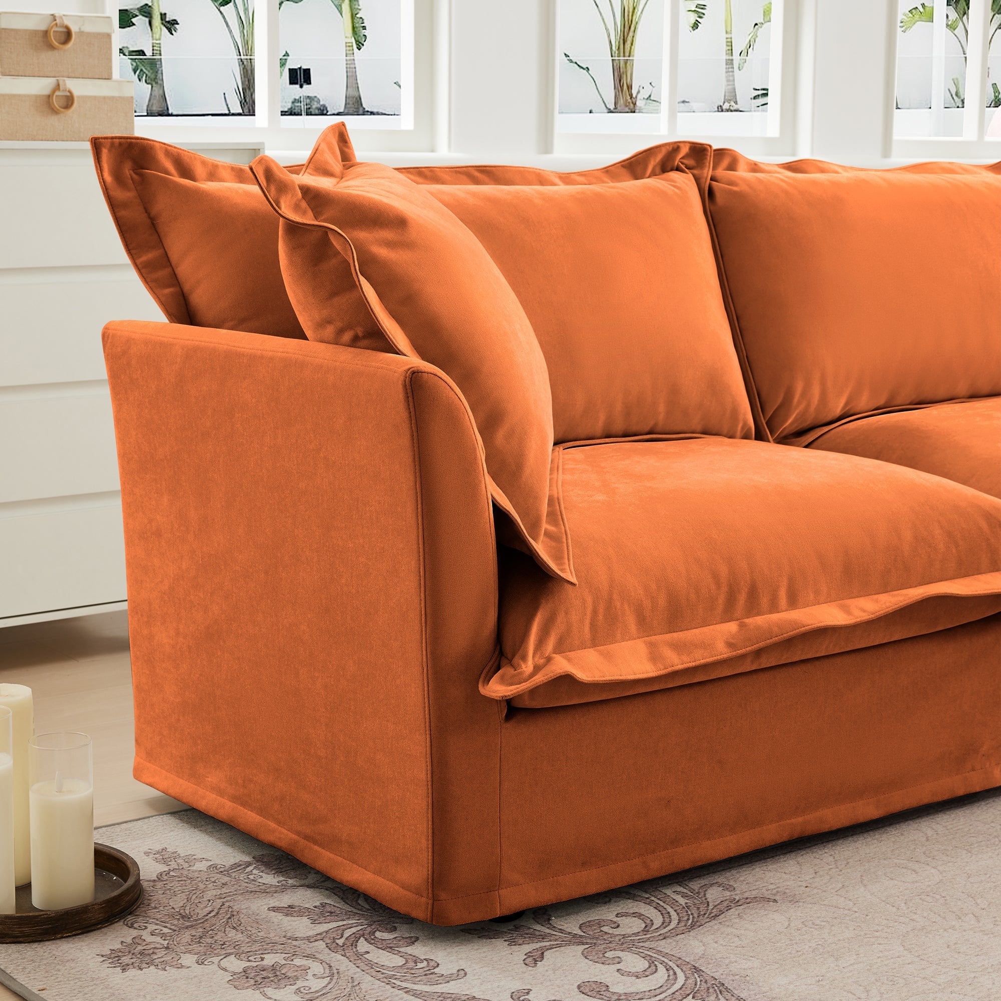 Slipcovered U Shape Sectional Wide and Deep Seat Sofa Couch, 4 Seater Sofa with French Edges Design Multiple Big Pillows, Soft Deep Seat Comfy Cloud Couch for Living Room, Apartment, Chenille Fabric