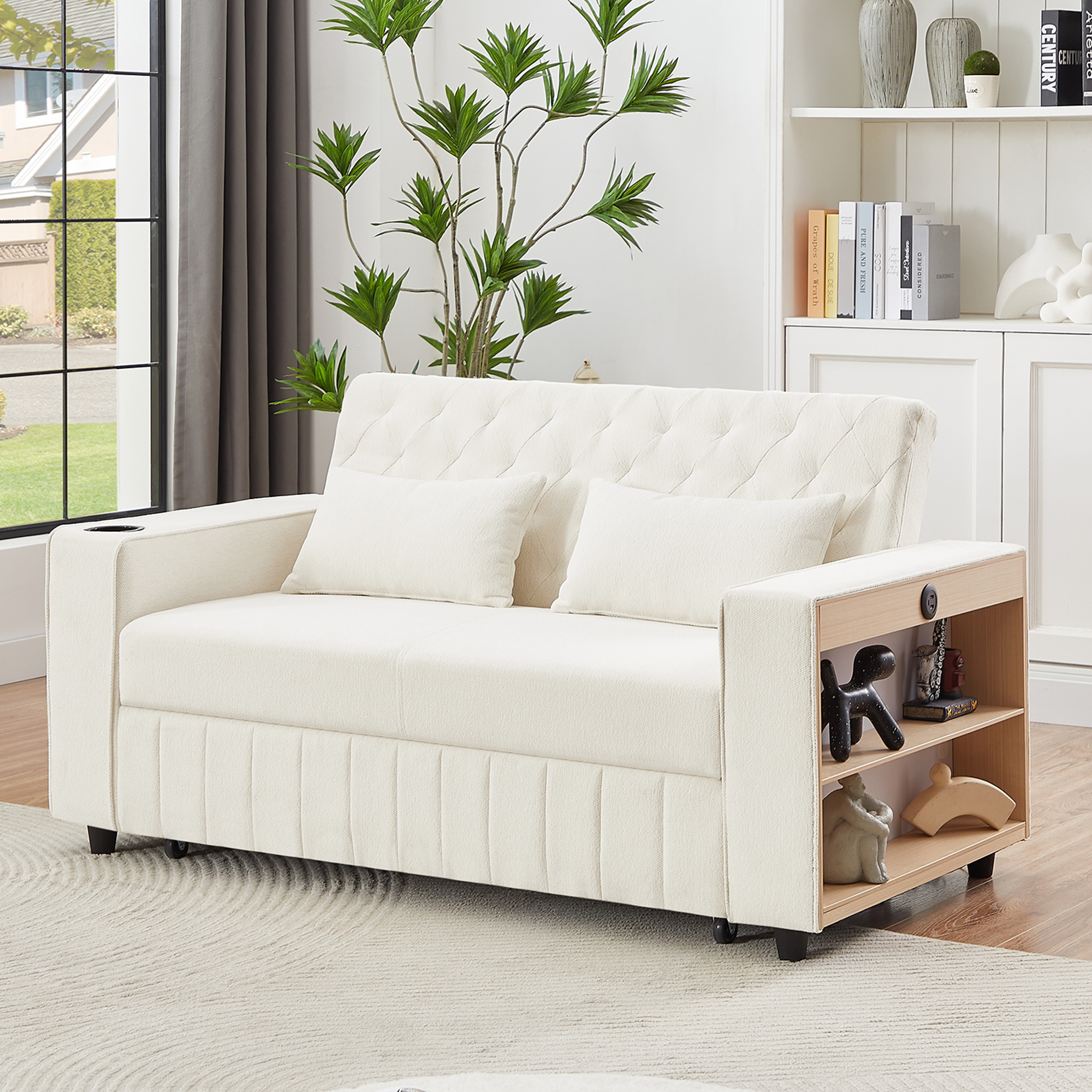 61.4' Pull-out Sofa Bed Convertible Couch Loveseat Sofa Modern Sleeper Sofa with Adjustable Backrest for Living Room, Beige