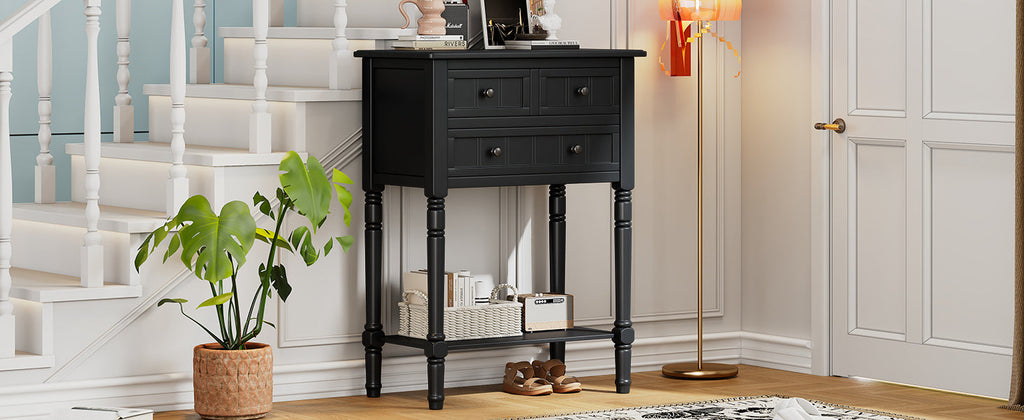 TREXM Narrow Console Table, Slim Sofa Table with Three Storage Drawers and Bottom Shelf (Black)