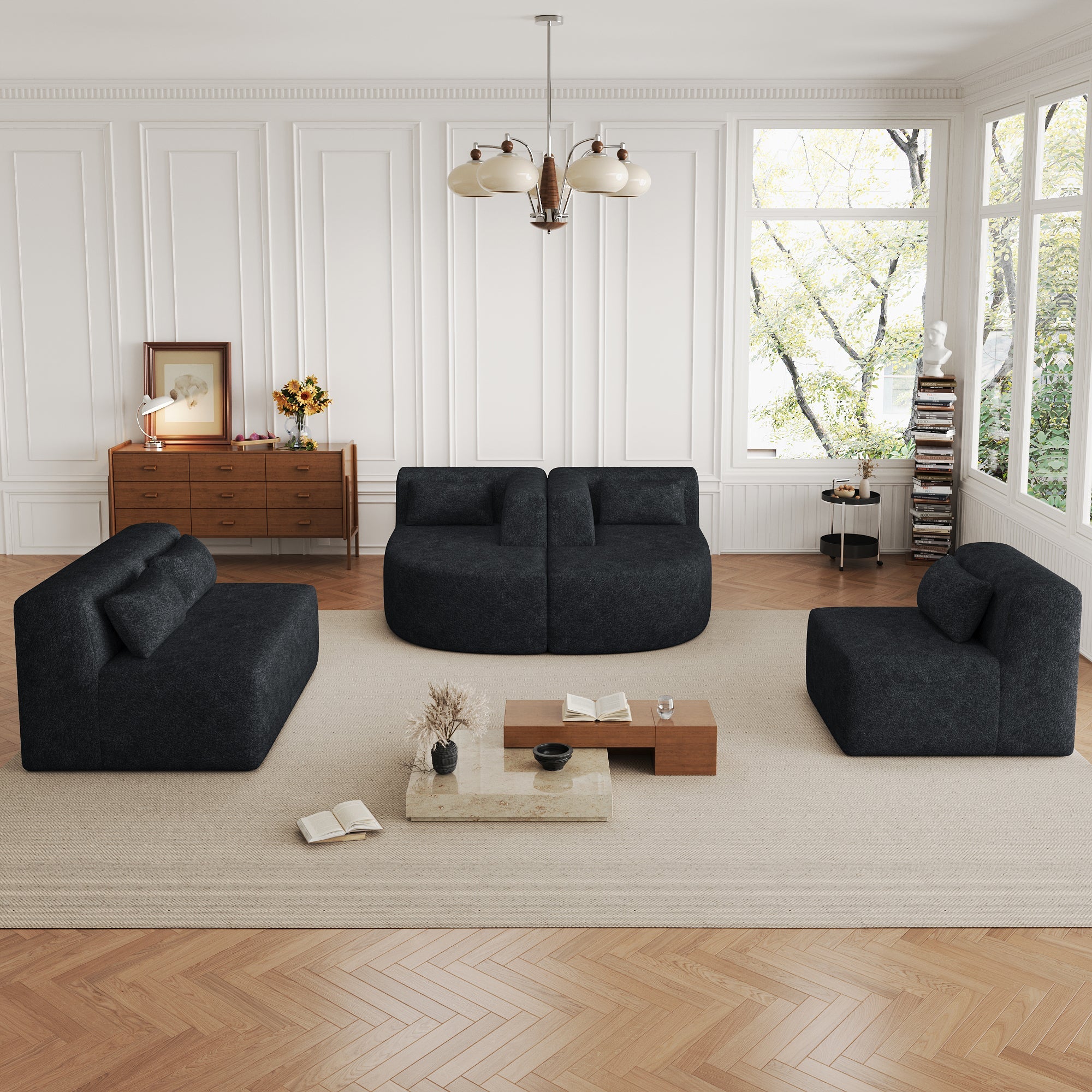 144' Upholstered Sofa Free-combined Sofa Couch with Two Chaise Lounge and Five Back Pillows for Living Room(Old SKU: N719S001600B), Black