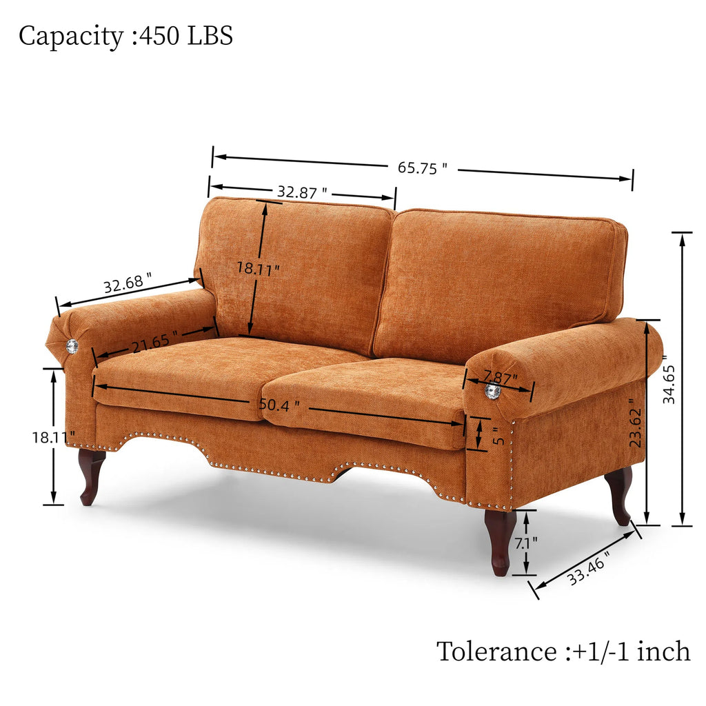 66-Inch Modern Velvet Loveseat Sofa with Wooden Legs & Crystal button and Copper Nail, Tufted Backrest, Perfect for Living Room, Bedroom, or Office (Orange)