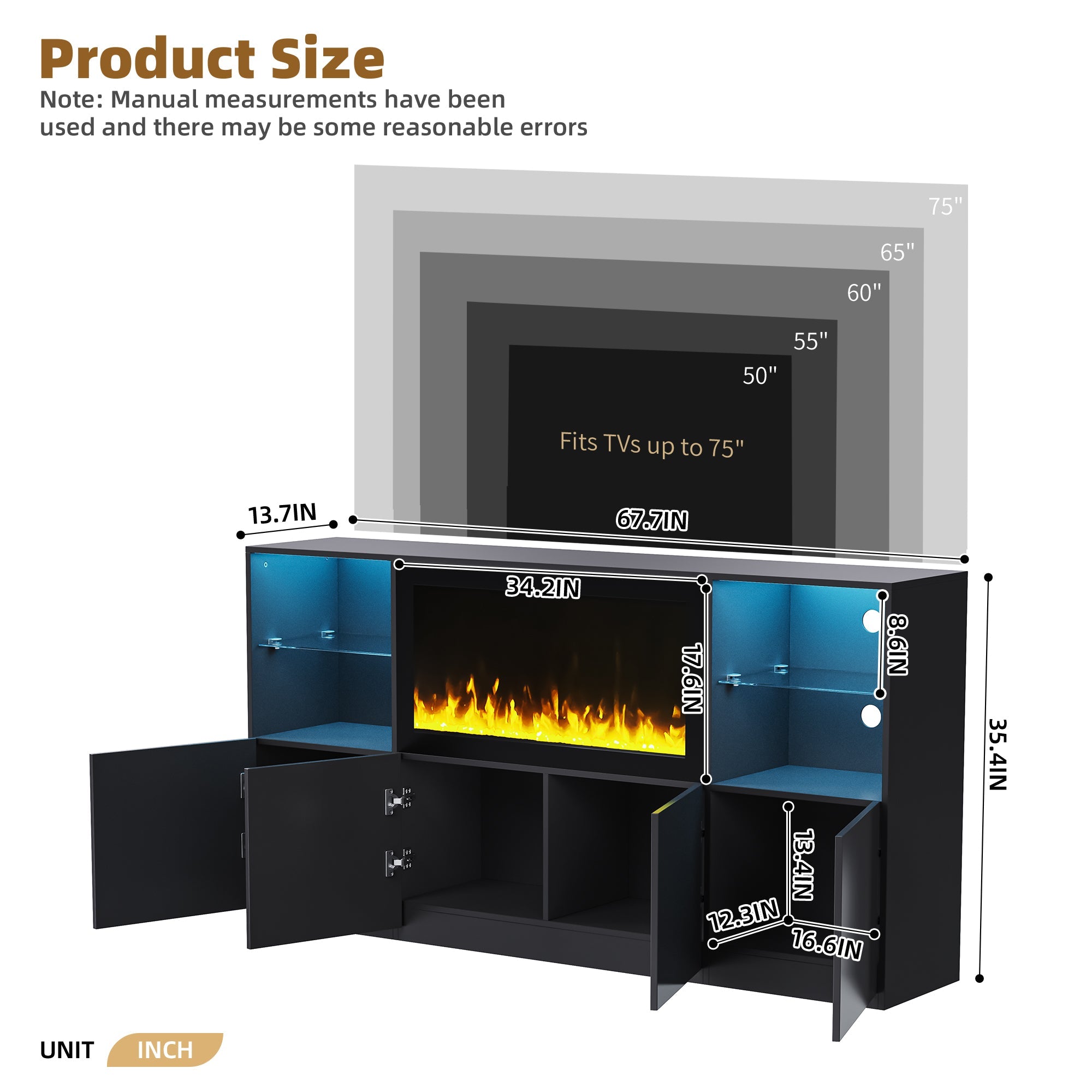 ON-TREND Modern TV Stand with 34.2' Non-heating Electric Fireplace, High Gloss Entertainment Center with LED Lights, Media Console with Tempered Glass Shelves for TVs up to 75', Black