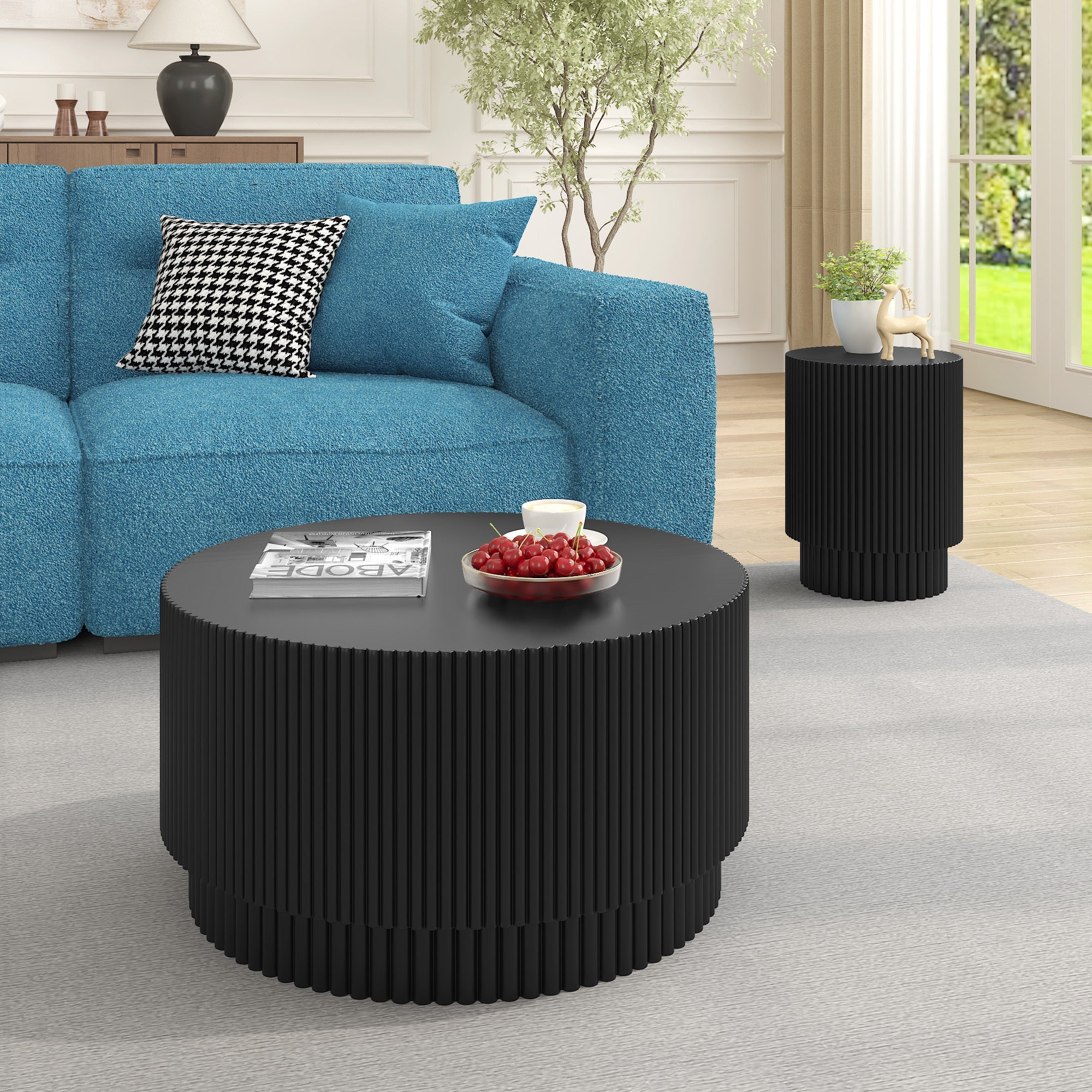 15.72-inch H-barrel coffee table, Nordic style, simple design, suitable for indoor and outdoor use, magnesium oxide material, suitable for living room, bedroom or garden sofa