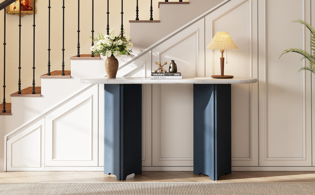 TREXM Narrow Console Table, Entryway Table with Oval Faux Marble Top, Rustic Sofa Table with Curved Legs, Hallway Accent Table for Entrance and Living Room (Navy+White)