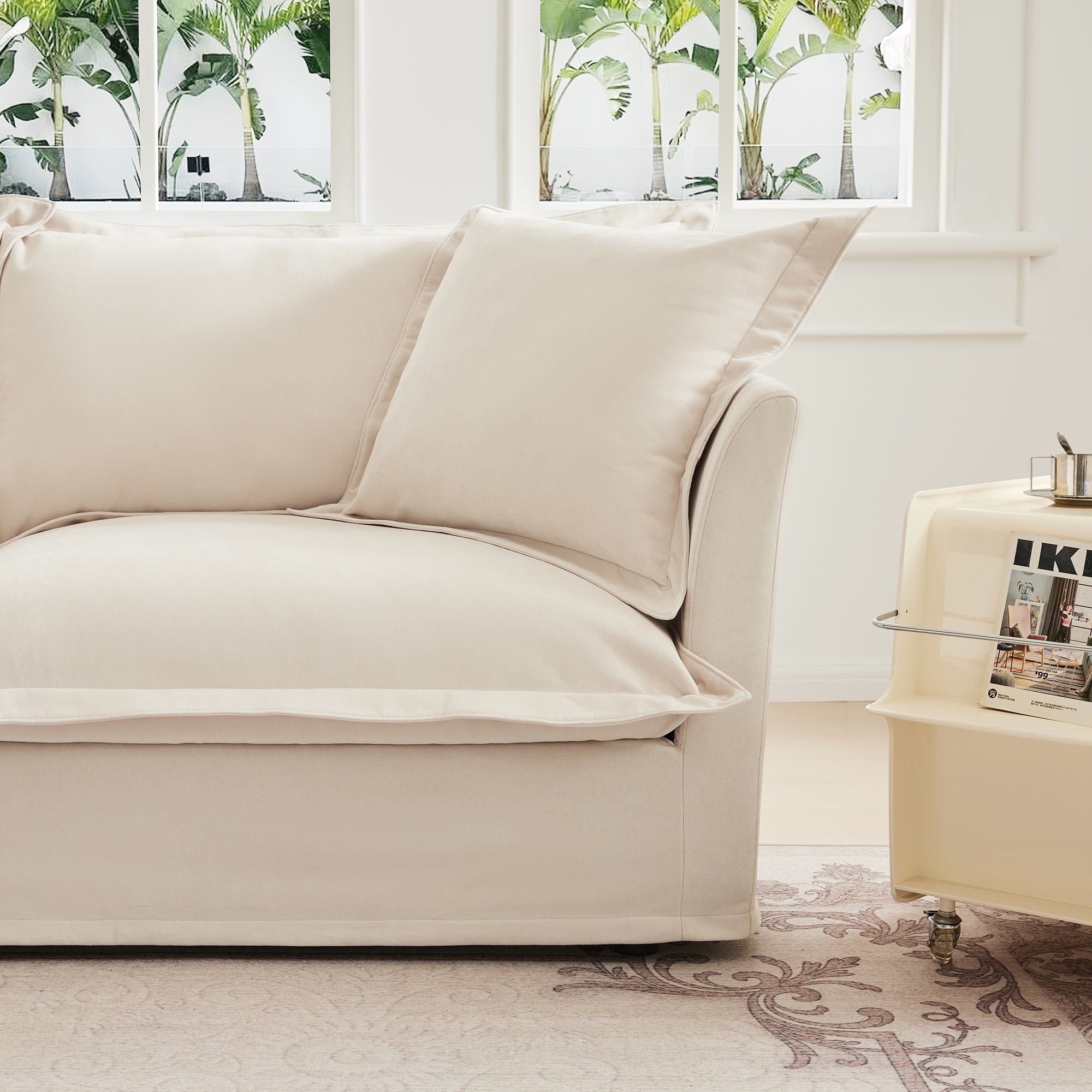 Living Room Sofa Slipcovered Sofa 3 Seater Sofa With 3 Ottomans, Oversized 3-Seat Sleeper Sofa Bed Home Theater Sofa, Chenille, Cream
