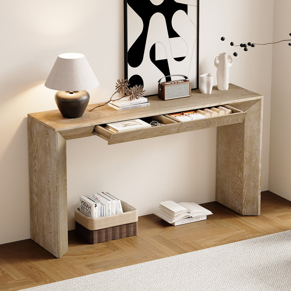 TREXM 60' Modern Farmhouse Console Table with 2 Concealed Drawers, Waterfall Design Entryway Table with Thickened Legs & Rustic Wood Grain for Living Room, Entryway & Hallway (Natural)