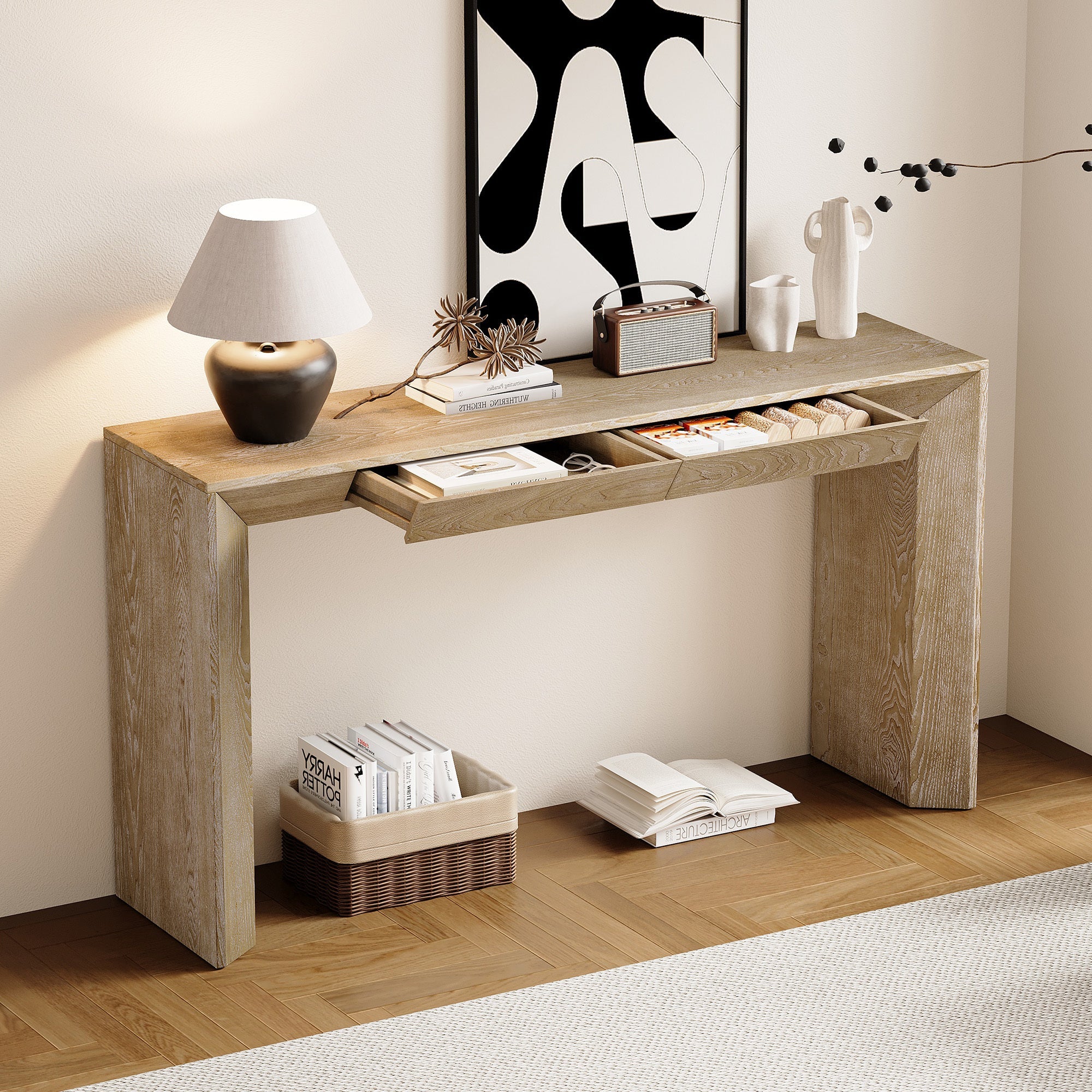 TREXM 60' Modern Farmhouse Console Table with 2 Concealed Drawers, Waterfall Design Entryway Table with Thickened Legs & Rustic Wood Grain for Living Room, Entryway & Hallway (Natural)