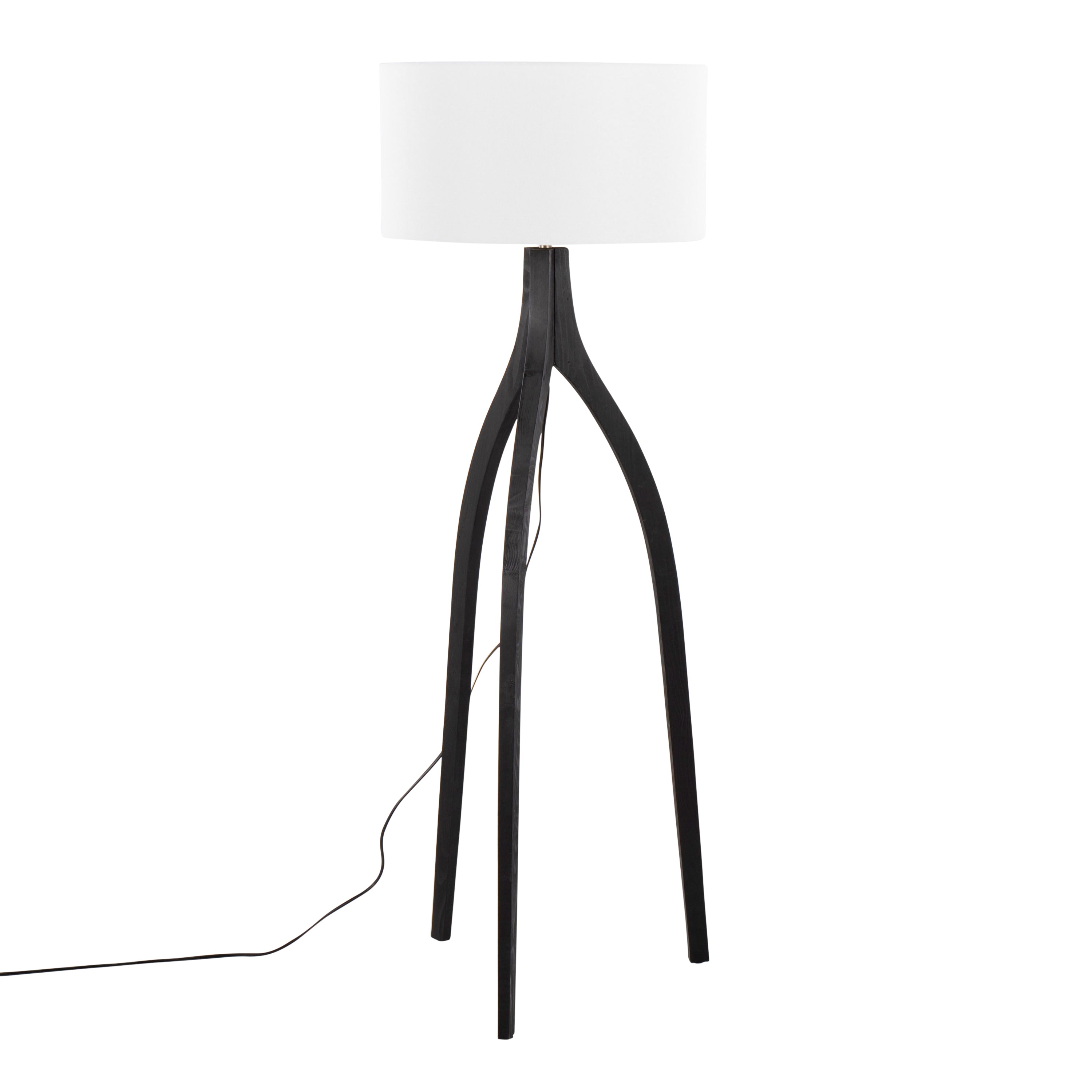 Wishbone Contemporary Floor Lamp in Black Wood with White Linen Shade by LumiSource