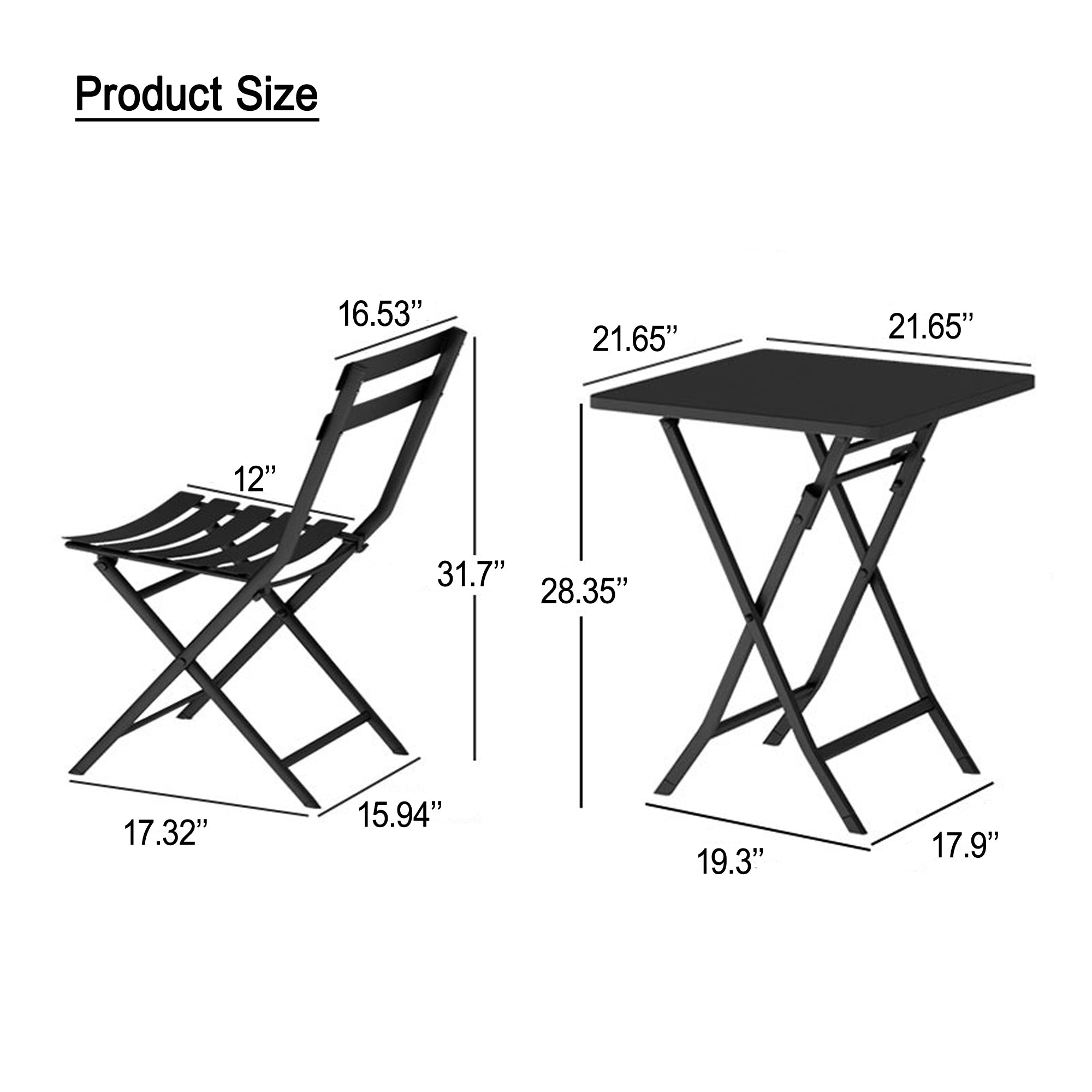 3 Piece Patio Bistro Set of Foldable Square Table and Chairs, White