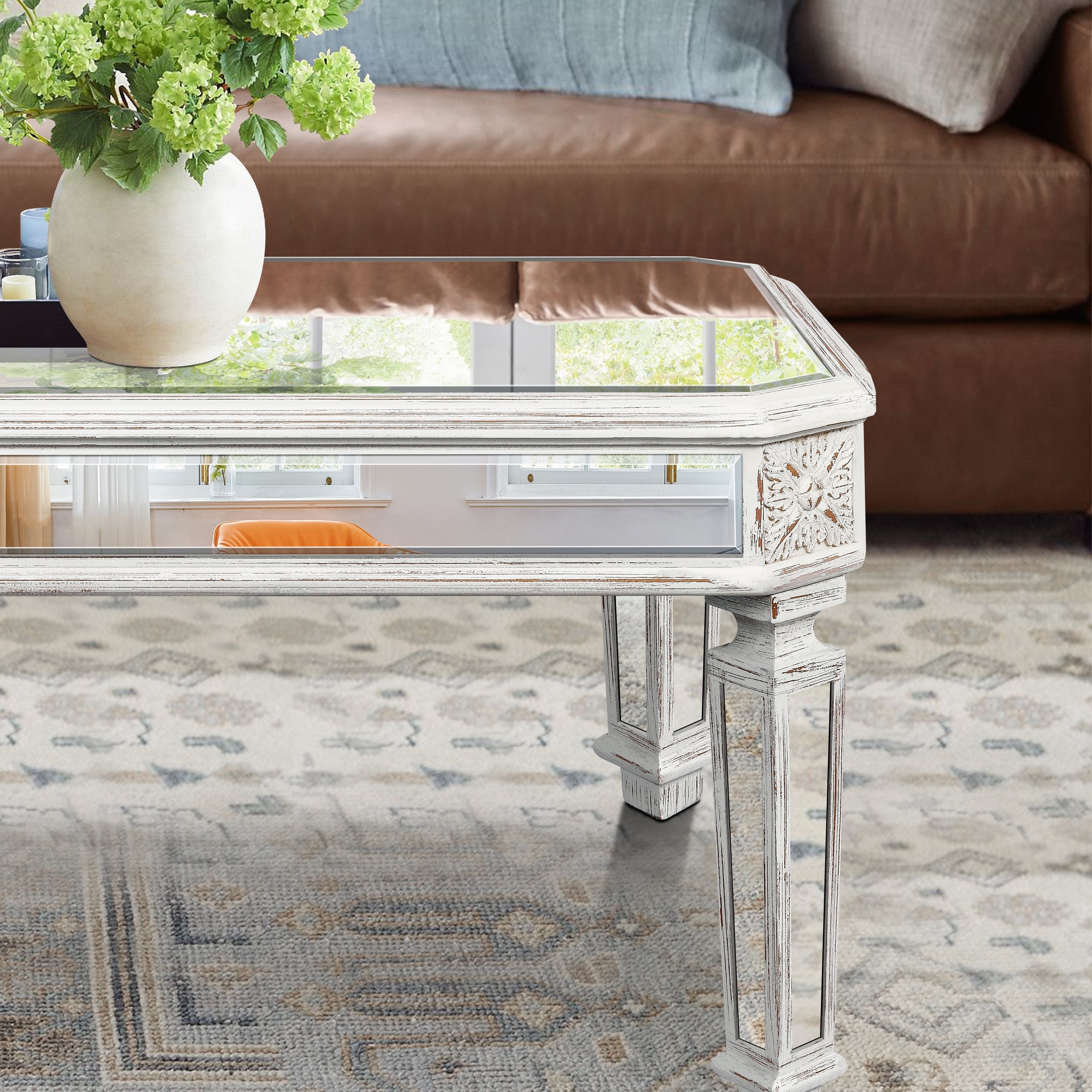 Silver Mirrored Coffee Table, Vintage Carved Elements, Rectangle Glass Tea Table with Mirrored Finish, Modern Center Table for Living Room and Office (24" D x 48" W x 18" H)