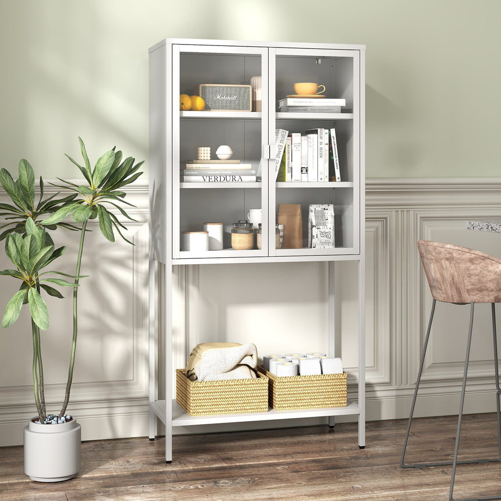 59"H Heavy Duty Metal Storage Cabinet, Display Storage Cabinet with Glass Doors and 2 Adjustable Shelves, Tall Bookcase Modern Bookshelf Cabinet for Home Office, Living Room, Pantry