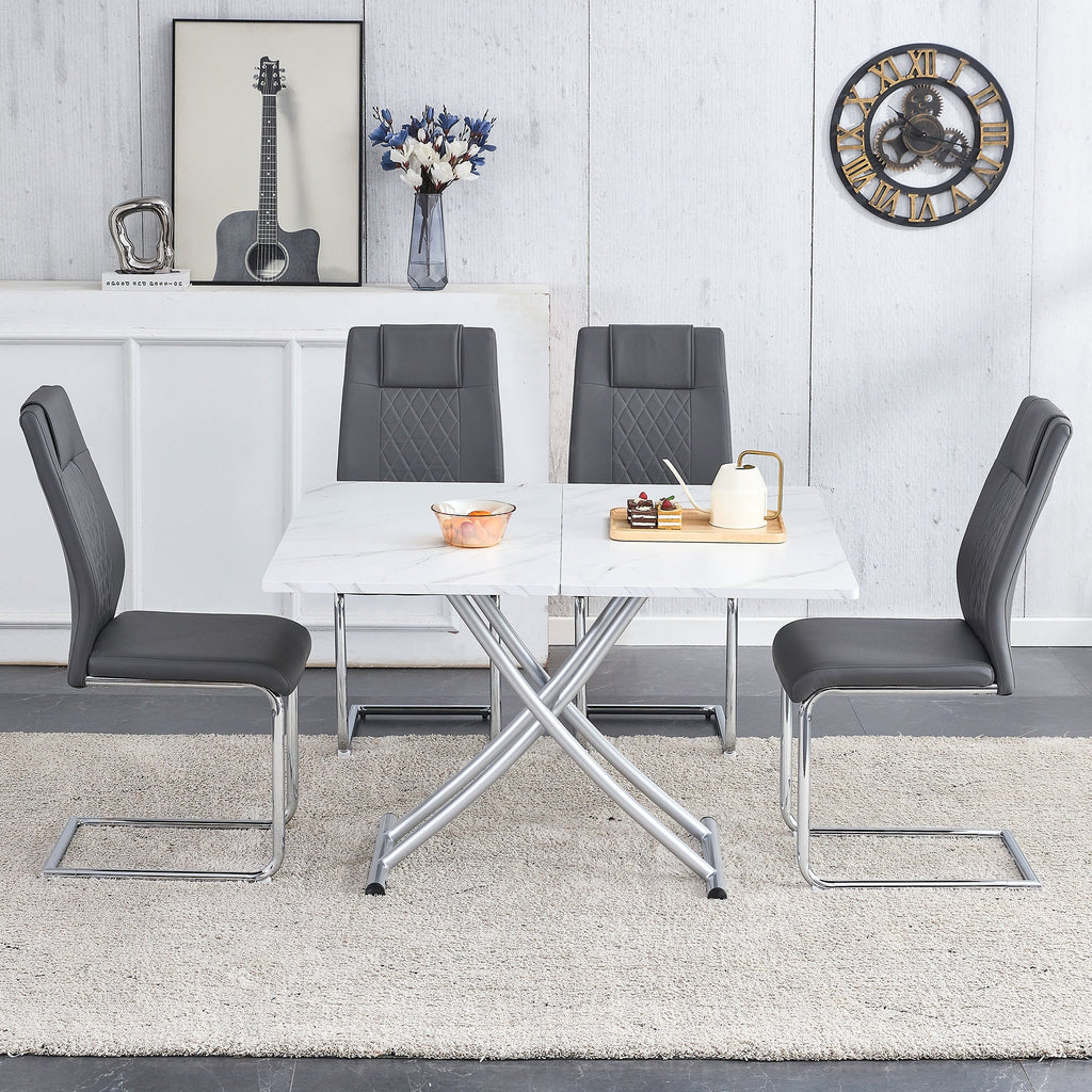 Modern minimalist multifunctional lift table with 0.8 inch MDF desktop and silver metal legs, can be used as a dressing table, coffee table, dining table, and office table