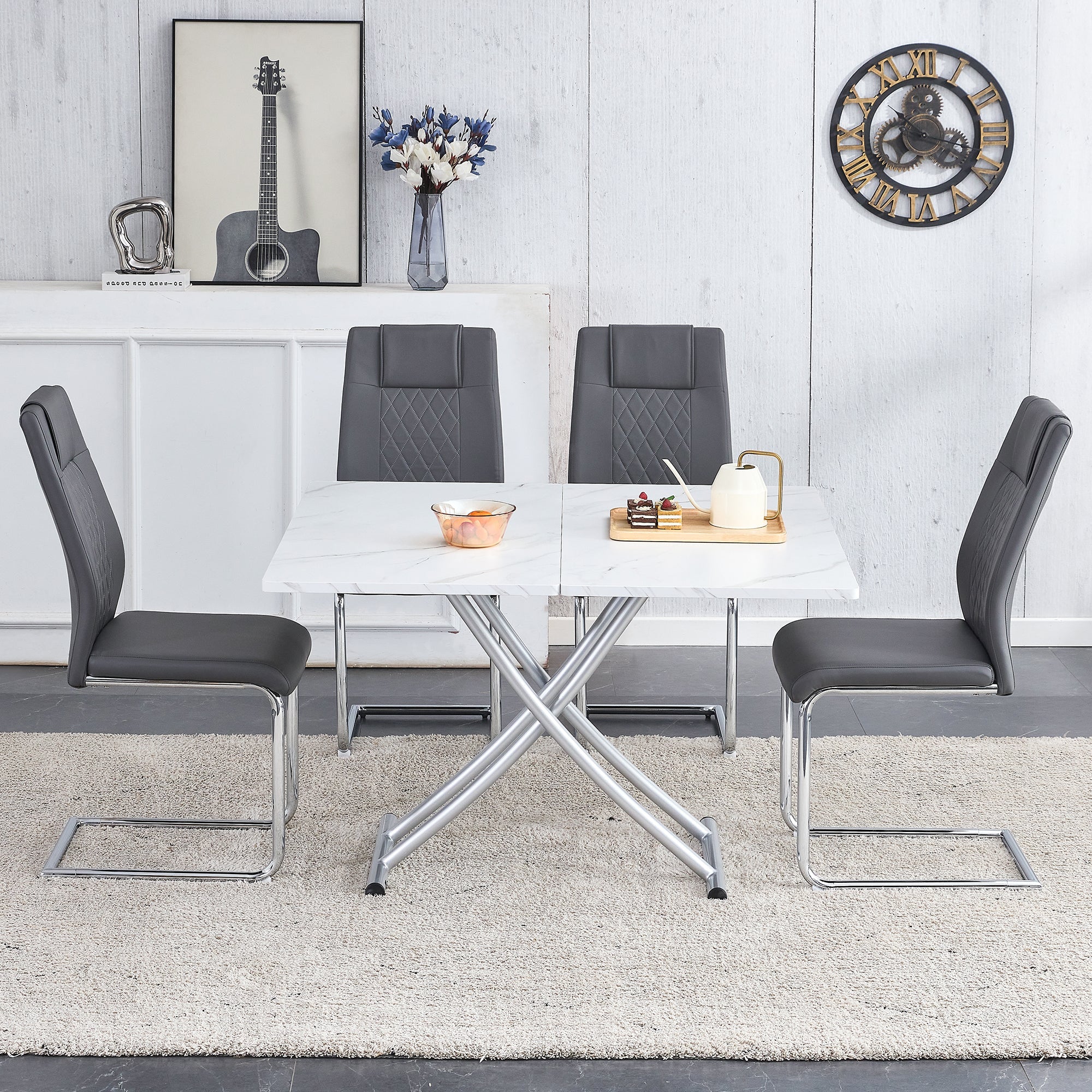 Modern minimalist multifunctional lift table with 0.8 inch MDF desktop and silver metal legs, can be used as a dressing table, coffee table, dining table, and office table