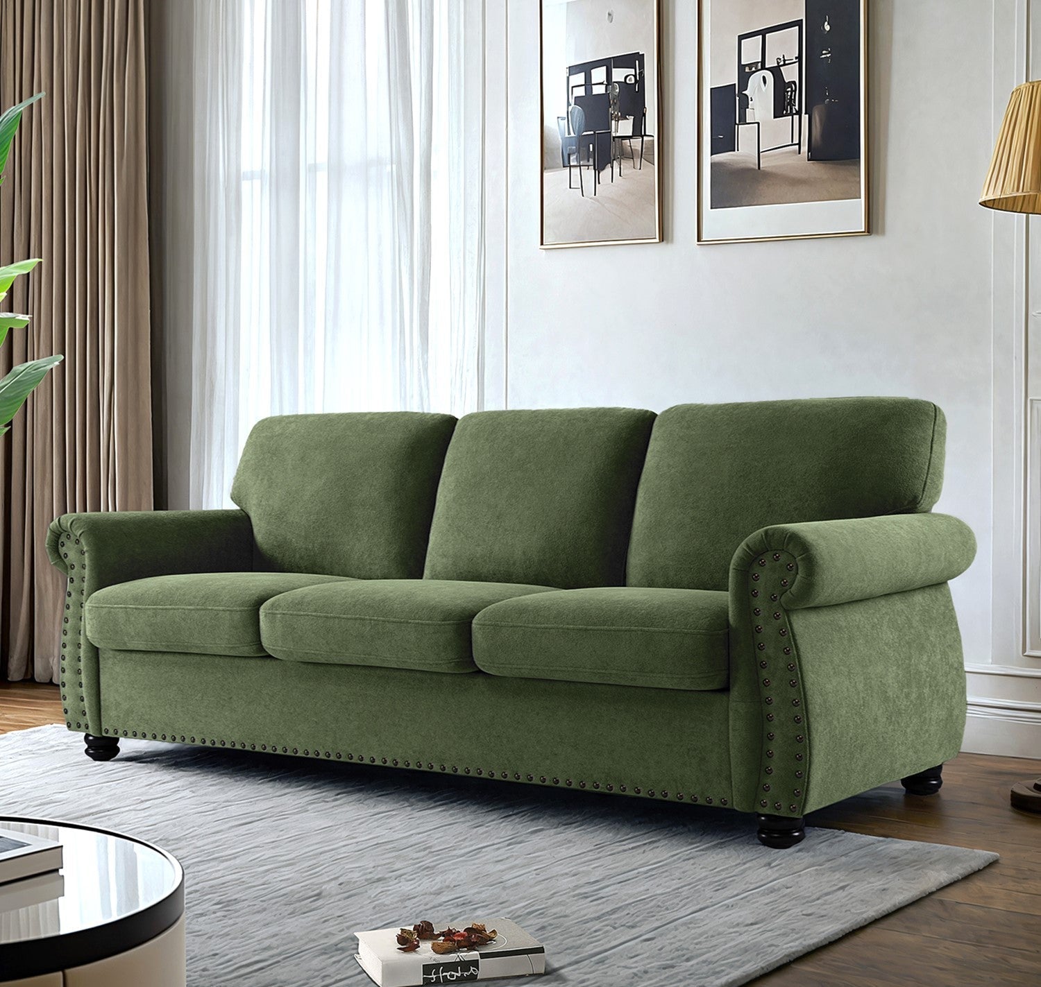 Soft Velvet Sofa, Upholstered 3 Seater Couch with High-Density Foam, Loose Back Cushions and Solid Wood Turned Legs, Chic Living Room Furniture for Home, Apartment and Office, Green