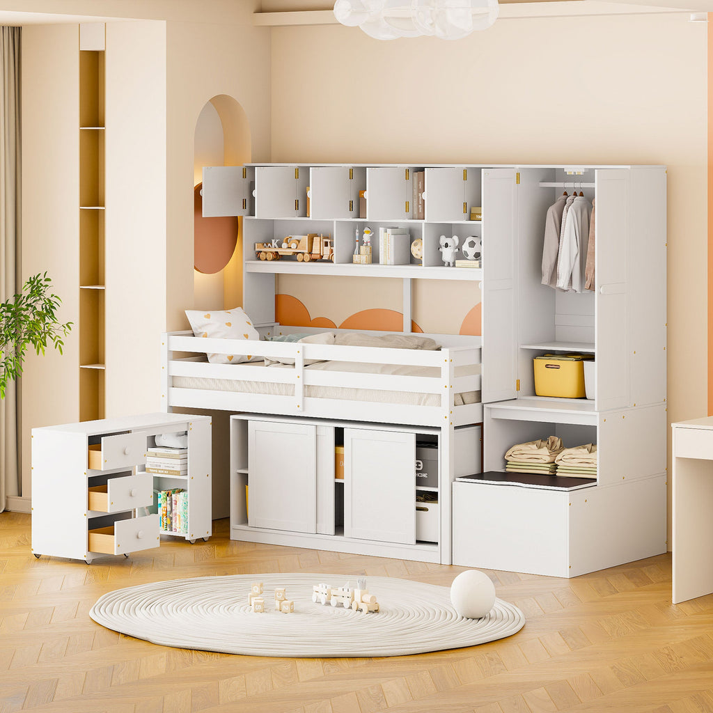 Twin Size Wooden Loft Bed Big Storage with Under-bed Desk, with Drawers, with Shelves, White