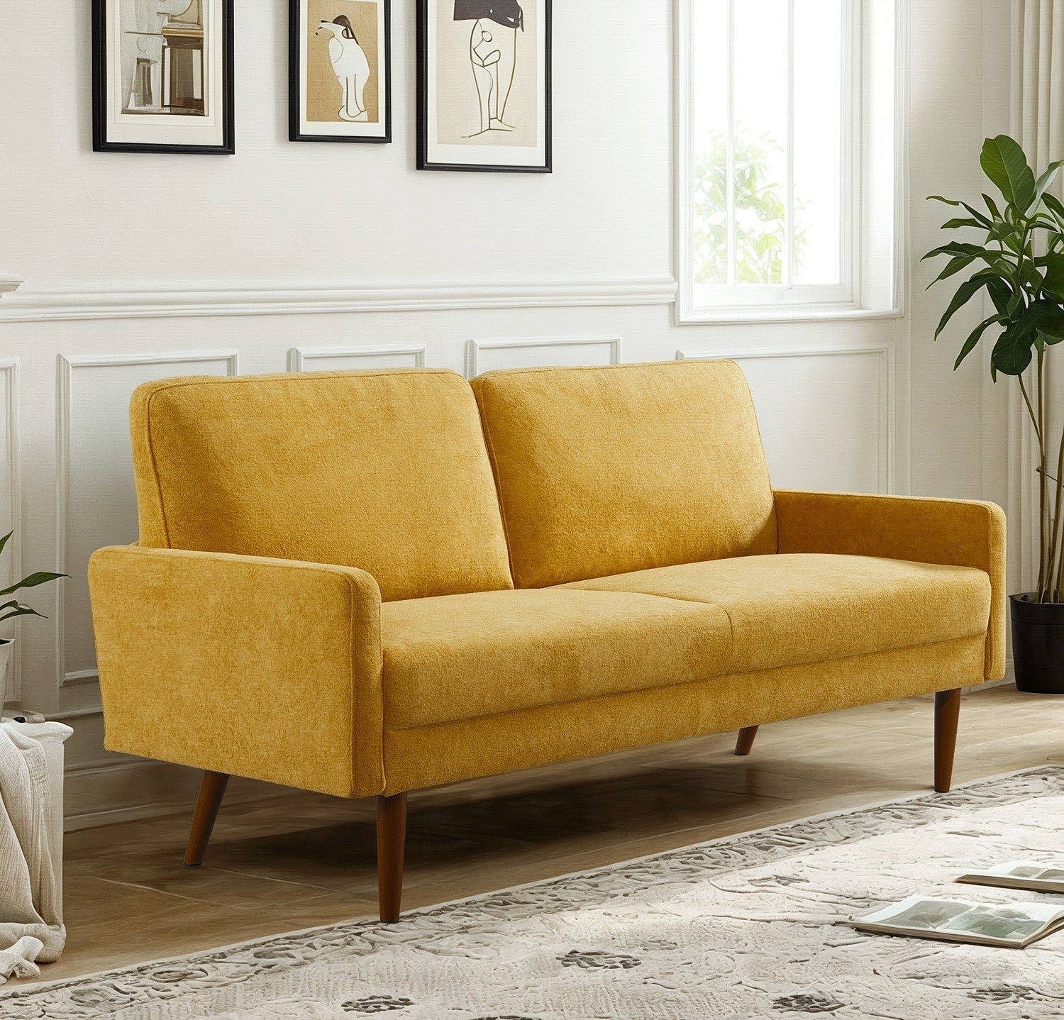 Velvet Sofa, European Style with Sleek Design, Modern & Vintage Flair, Upholstered 3 Seater Couch, Chic Living Room Furniture Seating for Home, Apartment or Office, Mustard Yellow