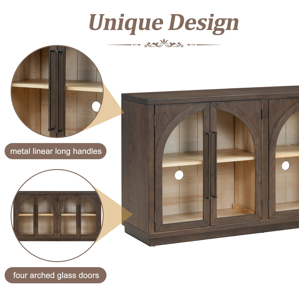 TREXM 4-Door Large Storage Sideboard Buffet Cabinet with Glass Doors, Arched Cabinet with Adjustable Shelves for Kitchen, Dining Room and Living Room (Espresso)