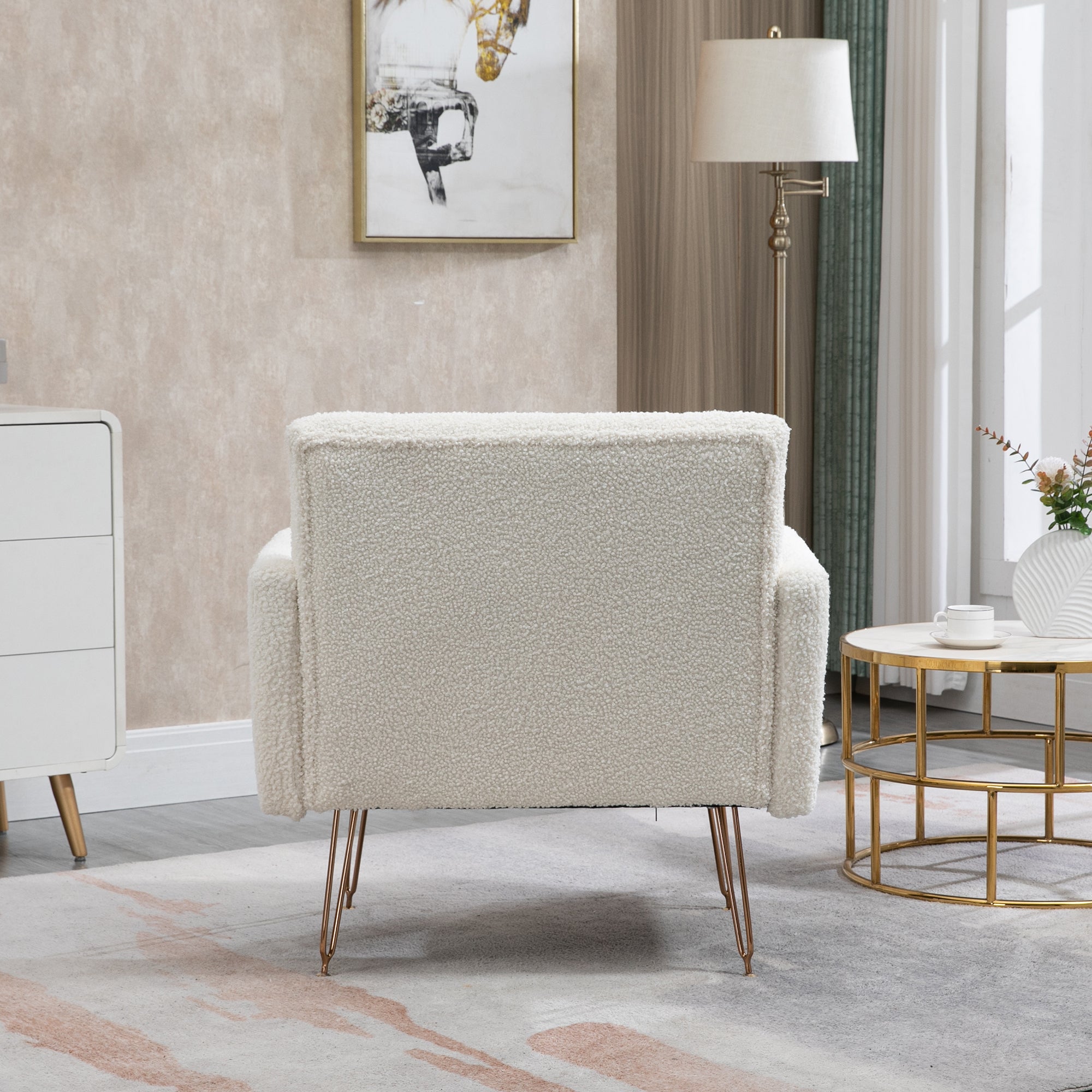 COOLMORE  Armchair Single Sofa Modern Tufted Upholstered Side Reading Chairs with Arm and Gold Metal Leg for Living Room Bedroom (White teddy )