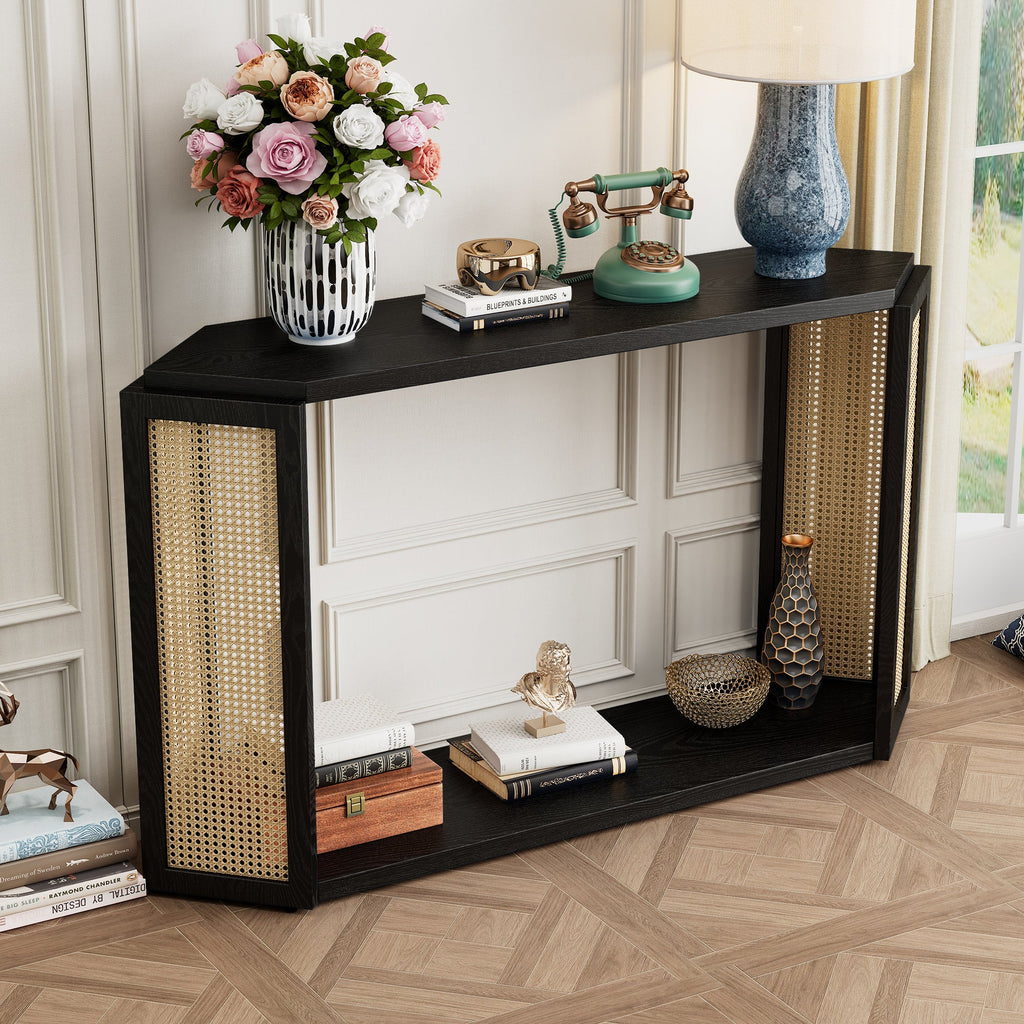 TREXM Narrow Console Table with Unique Irregular Top Design, Entryway Table with Open Shelf, Rattan Sofa Table for Living Room Hallway and Entrance (Black)