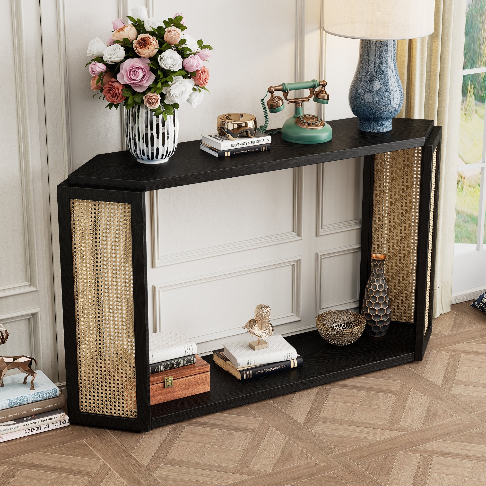 TREXM Narrow Console Table with Unique Irregular Top Design, Entryway Table with Open Shelf, Rattan Sofa Table for Living Room Hallway and Entrance (Black)