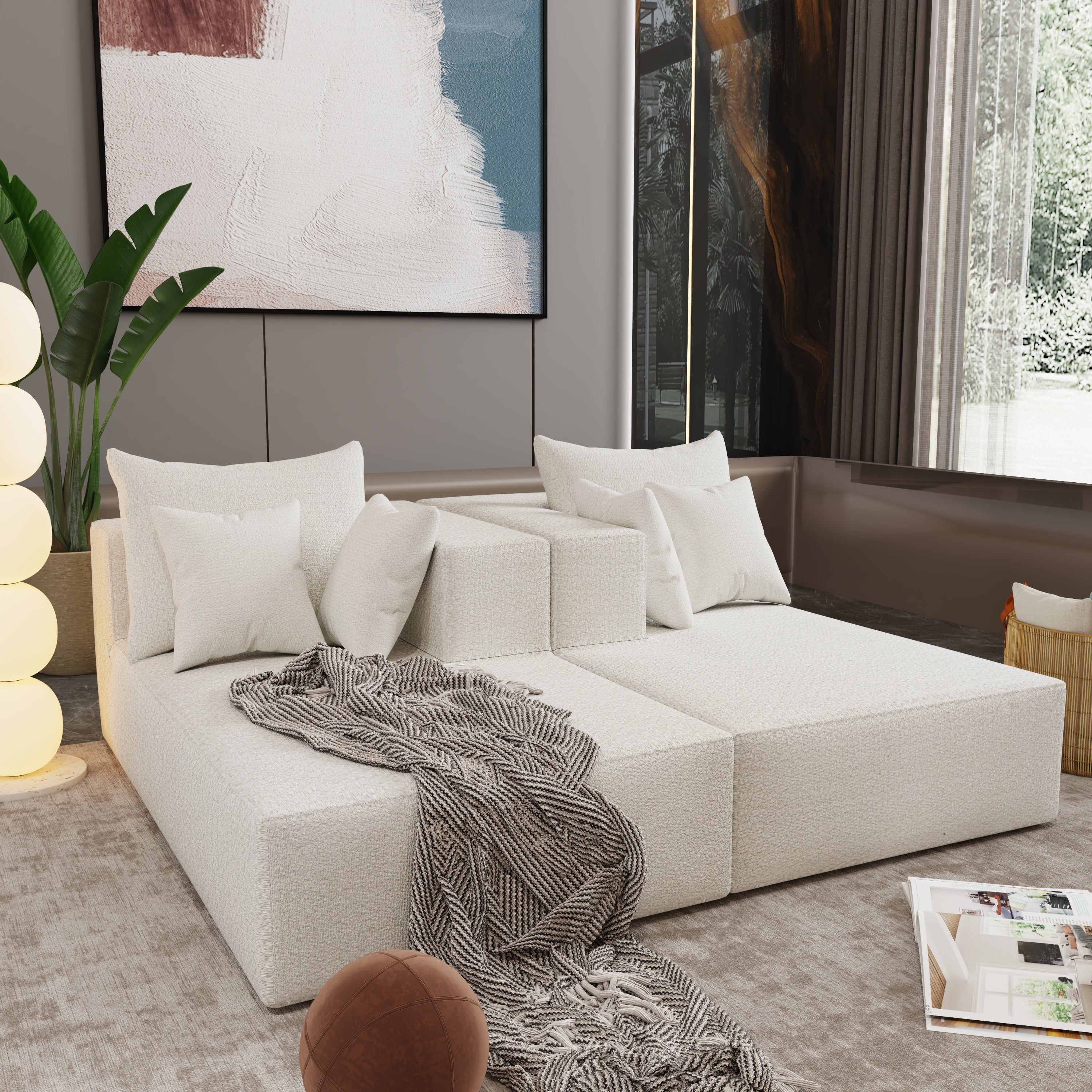 Four seater combination sofa, sofa bed, made of high-density sponge and soft linen fabric, with multiple combination methods (beige)