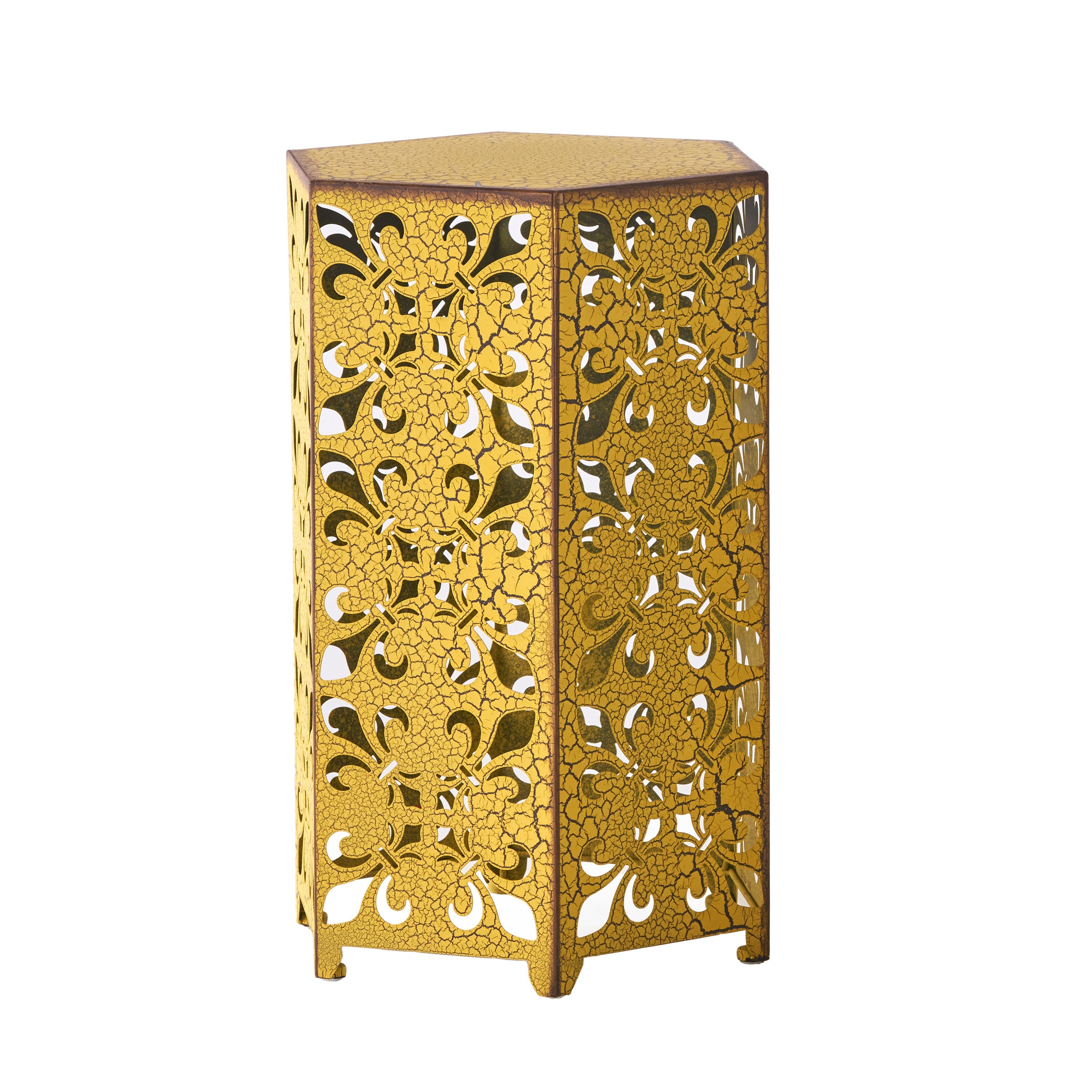 Outdoor Hexagonal Accent Table Set with Charming Fleur-de-lis Panel Sides, Antique Yellow