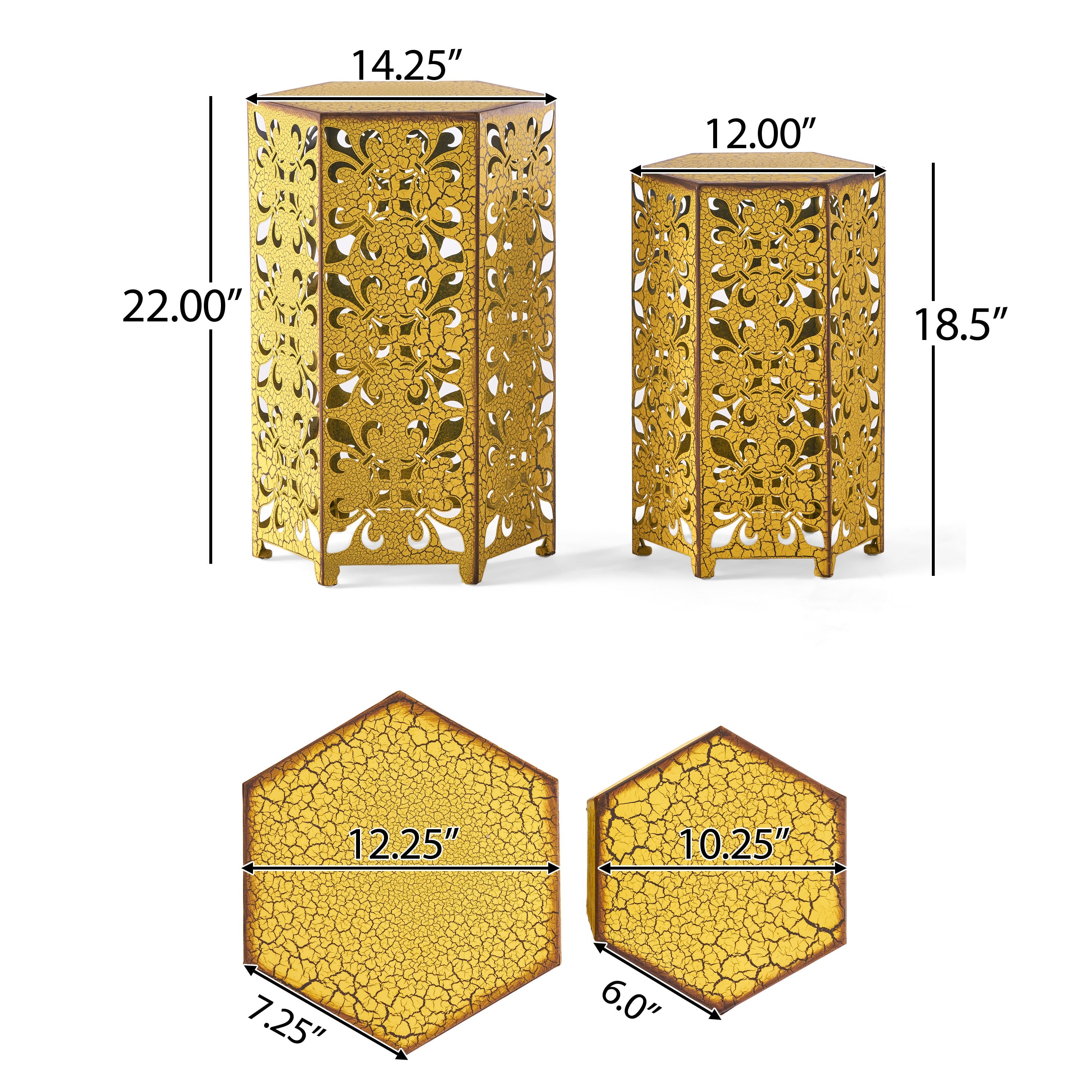 Outdoor Hexagonal Accent Table Set with Charming Fleur-de-lis Panel Sides, Antique Yellow