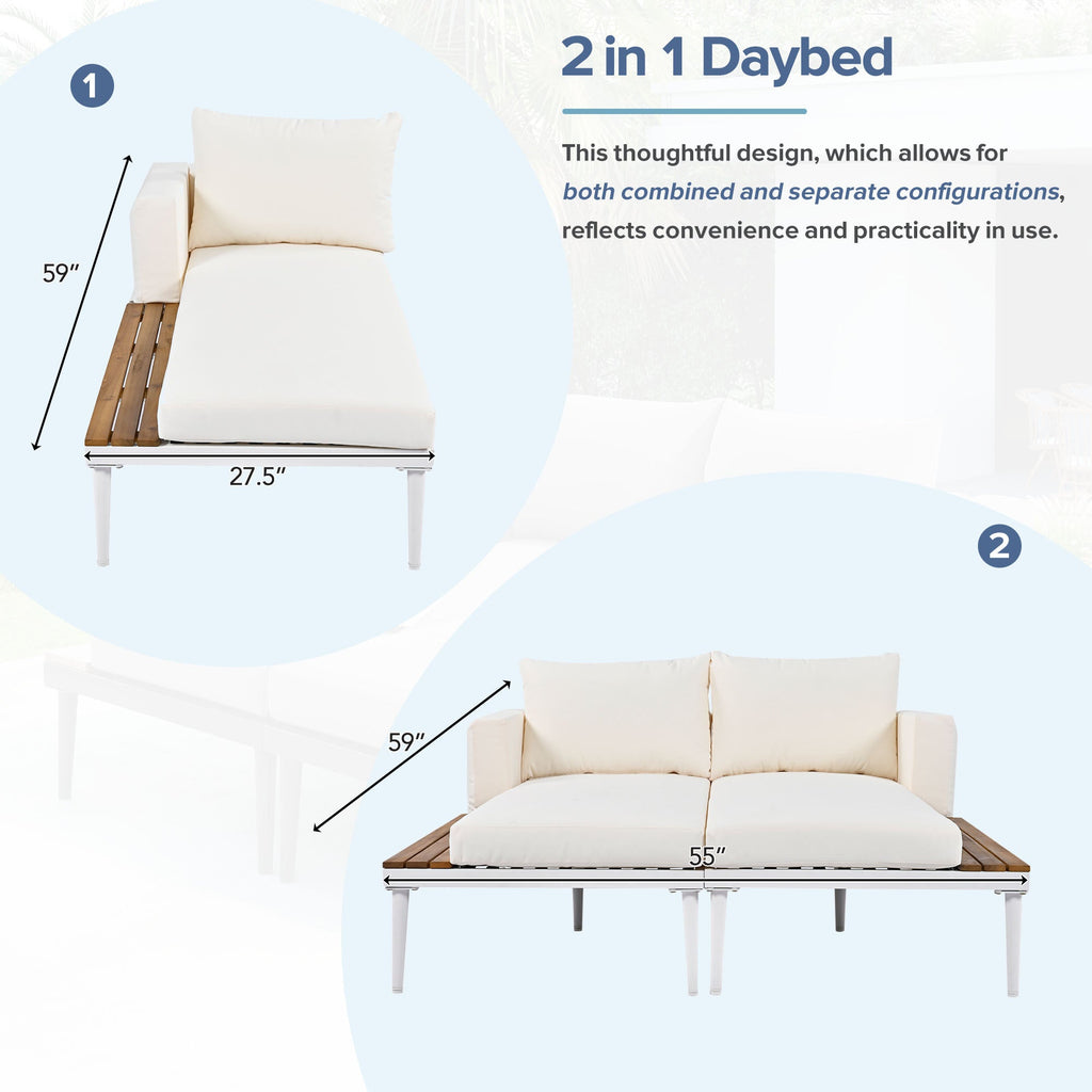 TOPMAX Modern Outdoor Daybed Patio Metal Daybed with Wood Topped Side Spaces for Drinks, 2 in 1 Padded Chaise Lounges for Poolside, Balcony, Deck, Beige