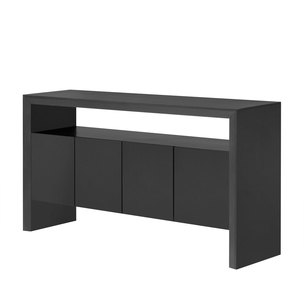 U_Style 60' 4-Door Sideboard, Modern Minimalist Solid Wood Veneer Sideboard with Open Shelf, Natural Wood Grain, Large Capacity Storage Console for Living Room, Hallway, Dining (Black/Natural)