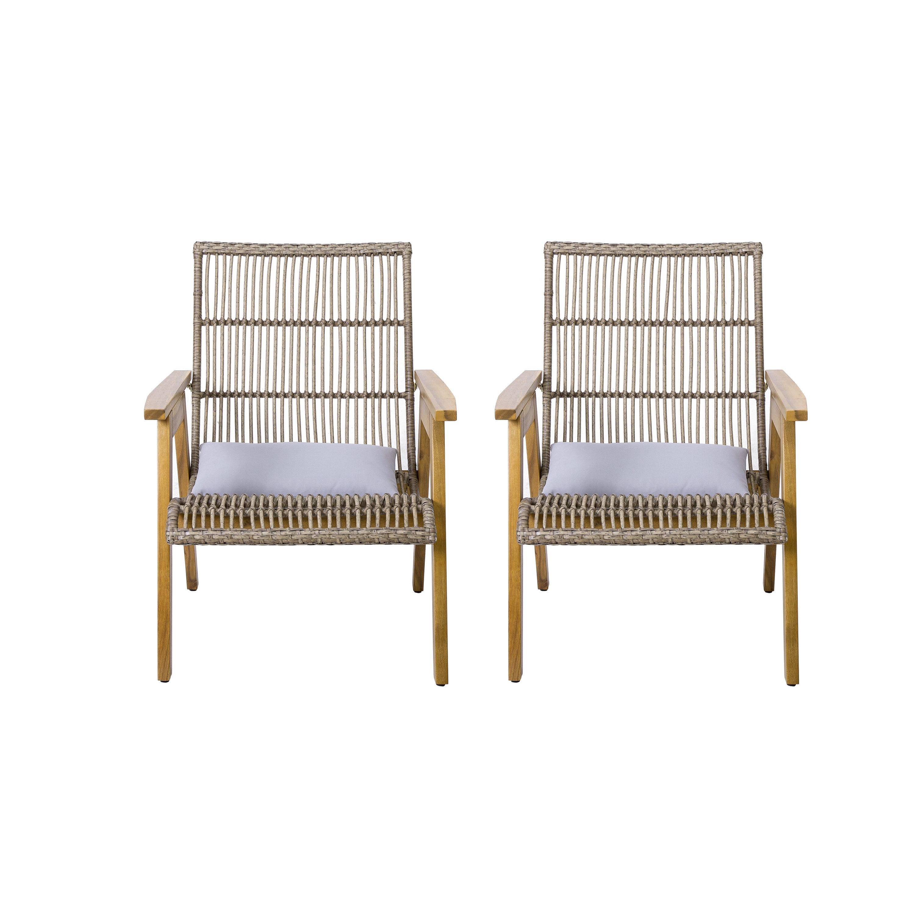 Outdoor Acacia Wood 3-Piece Lounge Set: 2 Cape Woven Wicker Lounge Chairs with Pillows + 18' Solid Side Table for Patio, Deck, Yard, Lawn, and Garden (Teak Finish + Natural Wicker + Light Grey Fabric