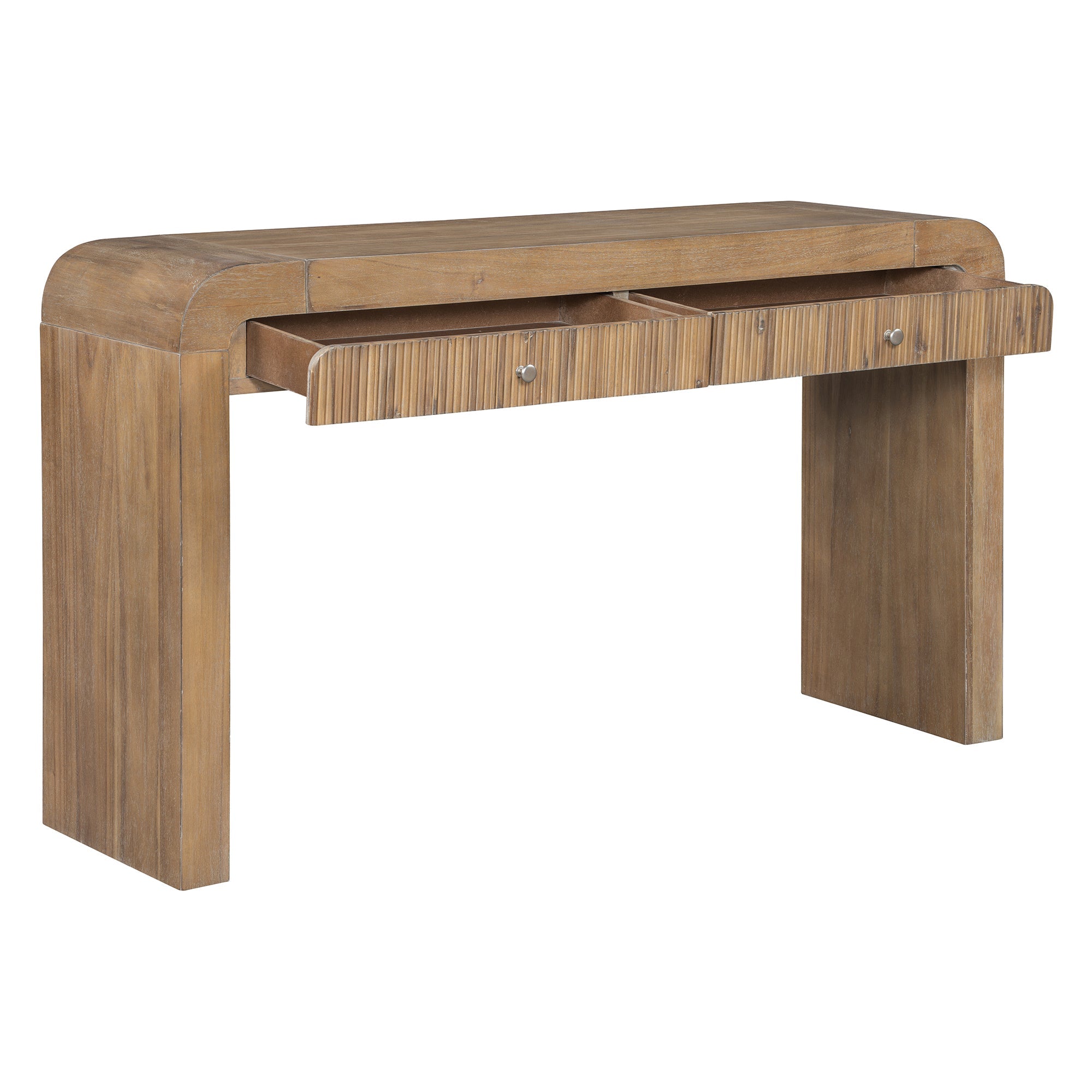 TREXM Rustic Console Table with Fluted Drawer Front, Entryway Table with Curved Corners & Thick Legs, Sturdy Sofa Table for Hallway & Living Room (Natural)