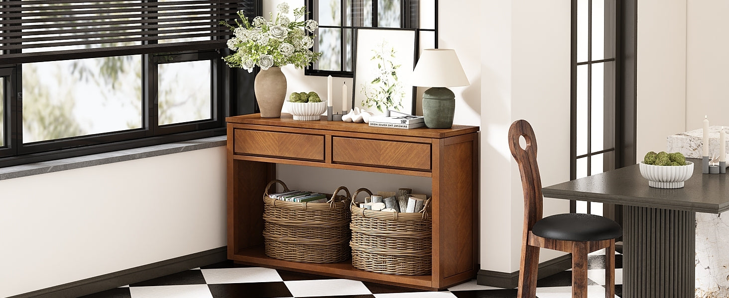 TREXM 55' Console Table, Rustic Wooden Entryway Table with Storage Drawers and Open Shelf, Elegant Sofa Table for Hallway and Living Room (Honey)