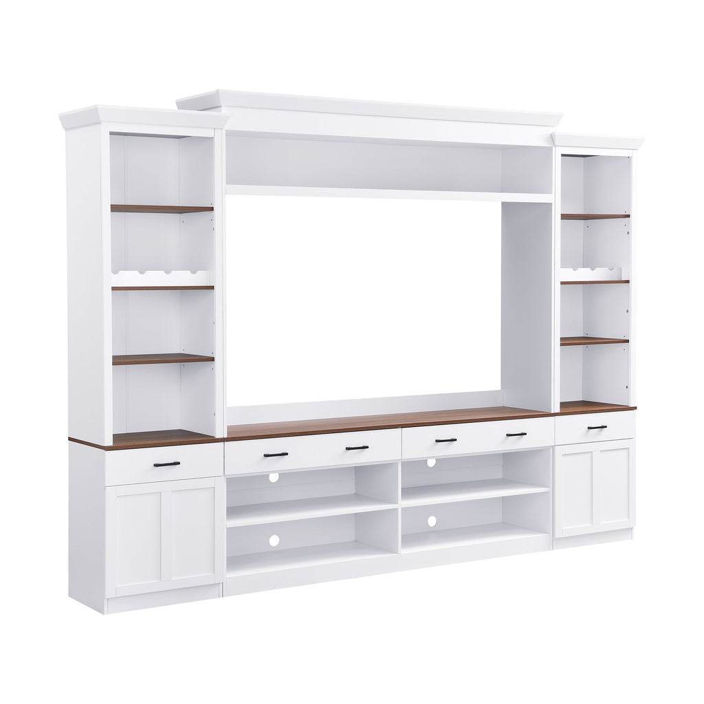 ON-TREND Farmhouse 4-Piece Entertainment Wall Unit Set with Bookshelf for TVs Up to 70', Walnut TV Stand with Adjustable Shelves, Mid-Century Large Media Console with Wine Rack for Living Room, White