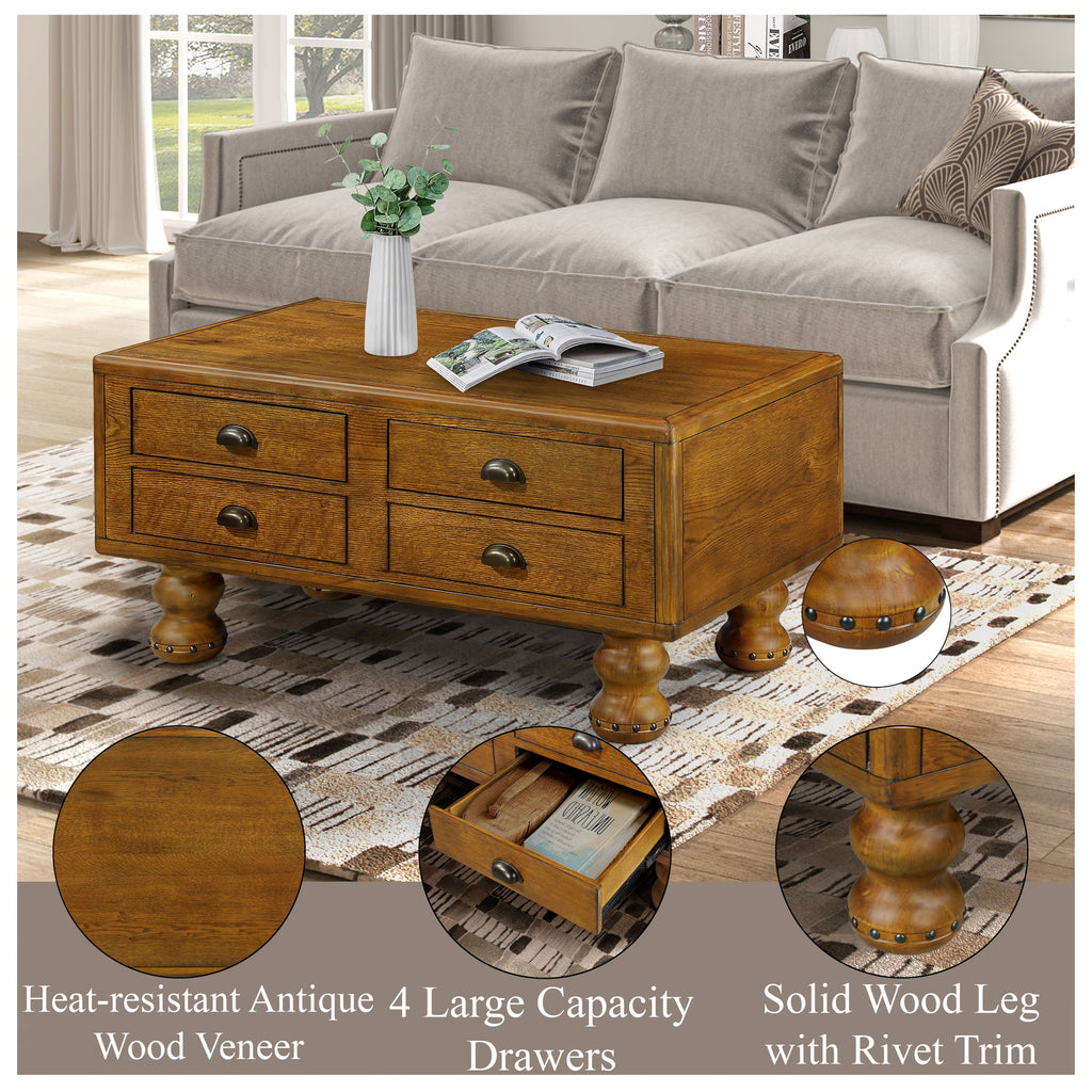 Solid Wood Rectangle Coffee Table for Living Room, 40-Inch Antique Coffee Table with 4 Drawers, Wood Center Table Tea Table with Rivet Decoration Legs.Easy Assembly,  Antique Brown