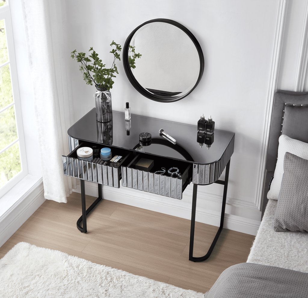 39' Mirrored Makeup Vanity Table with Stainless Steel Base, Mirrored Console Dressing Table with 2 Drawers,Versatile Desk for Bedroom and Office, Gray