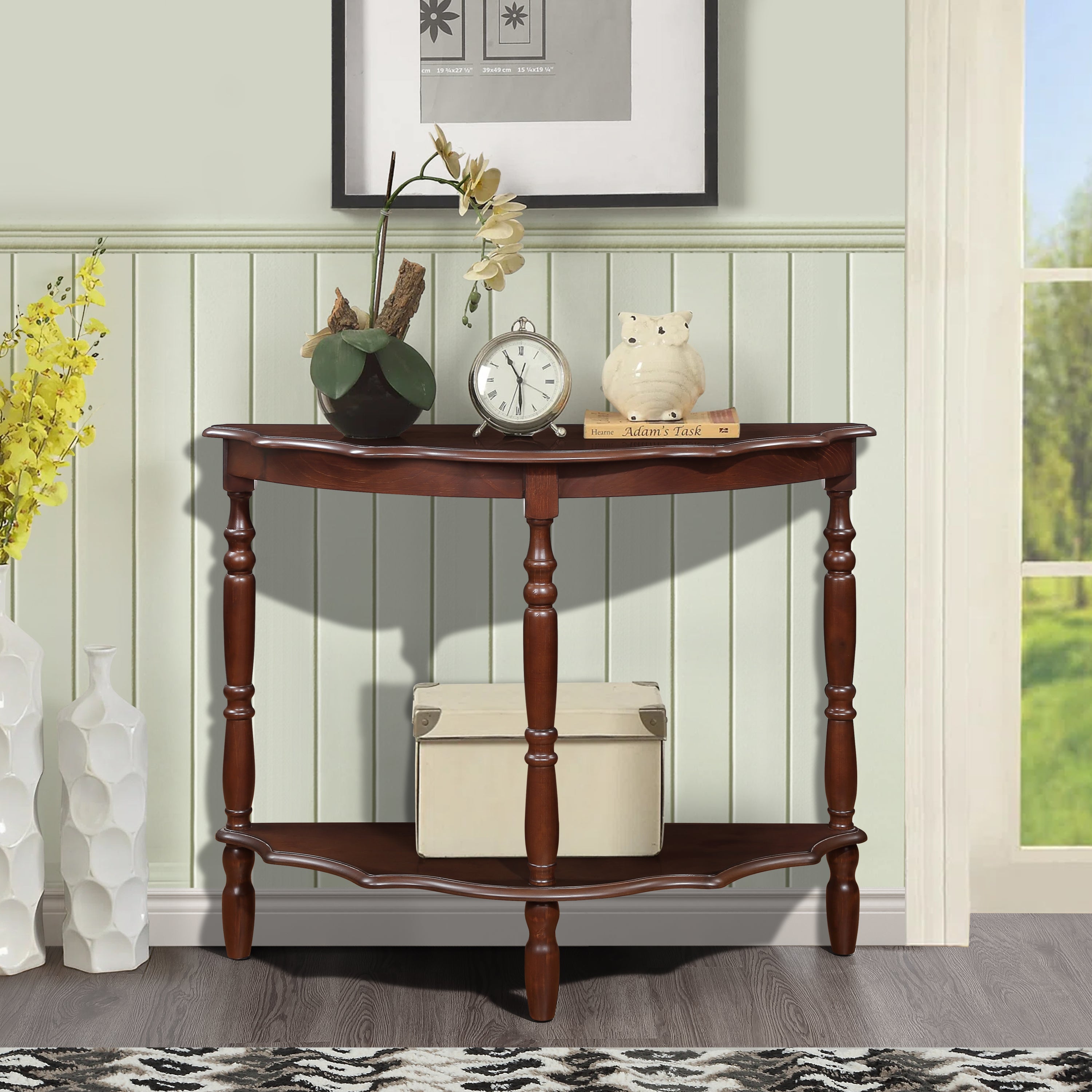 42'' Retro Circular Curved Half-Moon Console Table with Cloud Design Top and Open Shelf Solid Wood Frame and Legs, Light Espresso