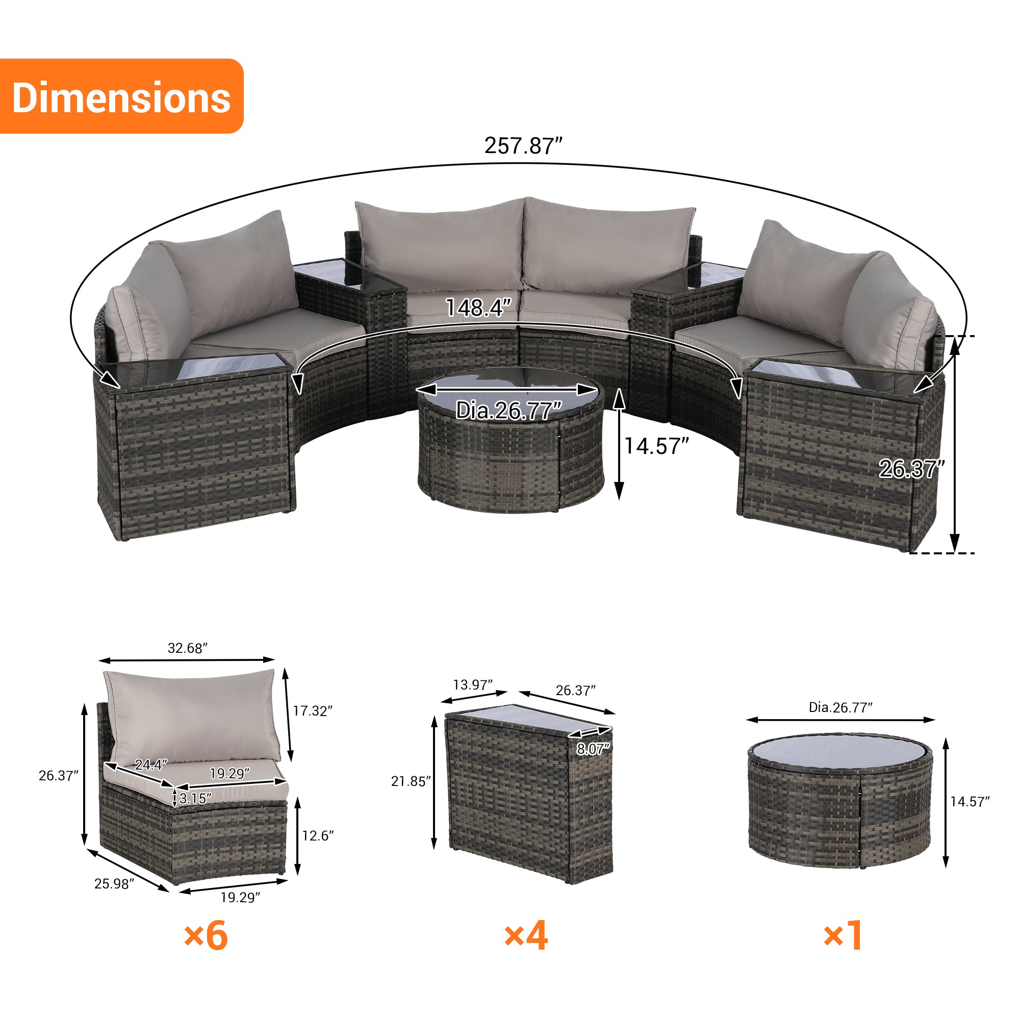 Outdoor Patio Furniture 11-Piece Half-Moon Sectional Round Patio Furniture Set Sofa with Tempered Glass Round Coffee Table